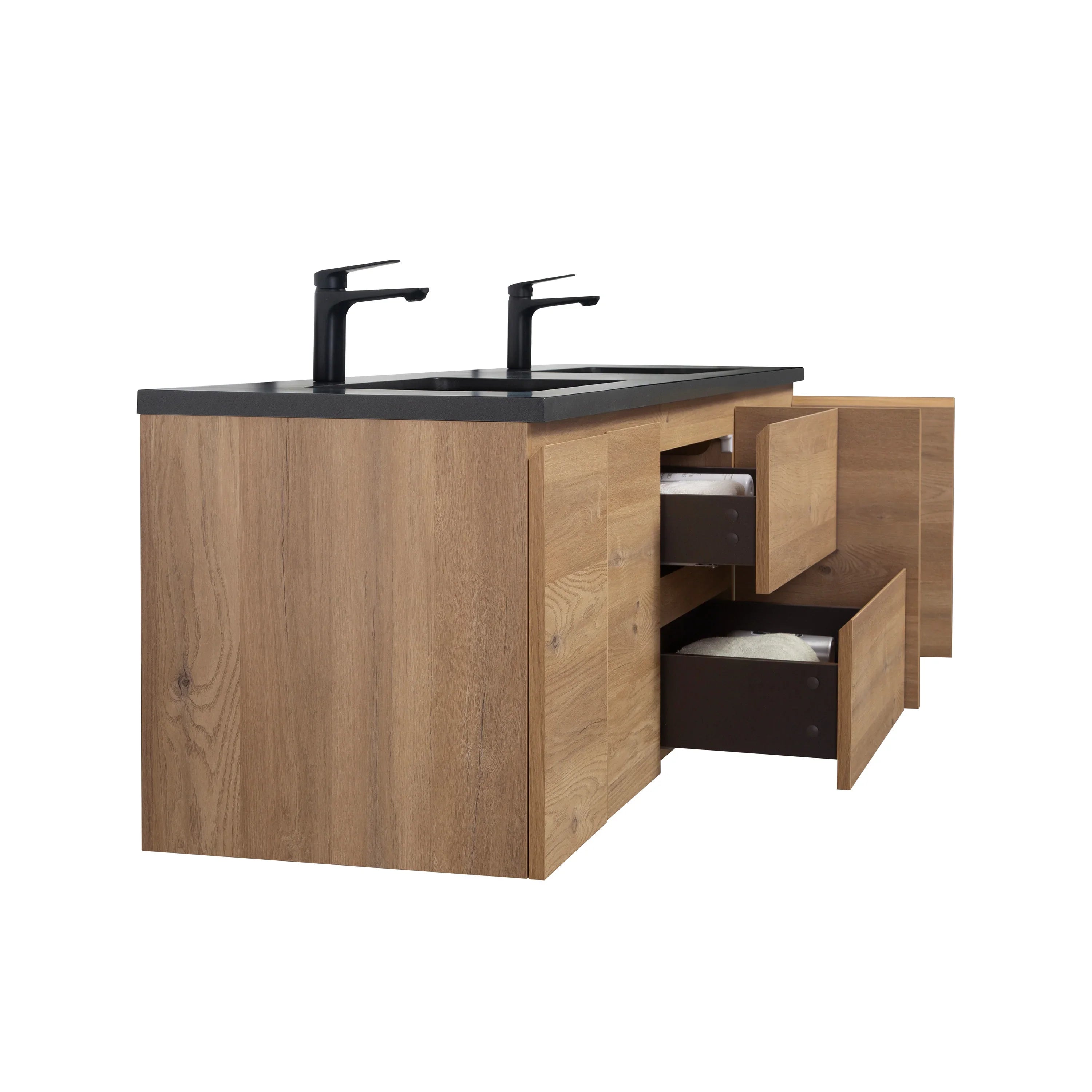 Meuble-Lavabo 72po Chêne Brut avec Comptoir de 72 Quartz Noir Lavabo Double