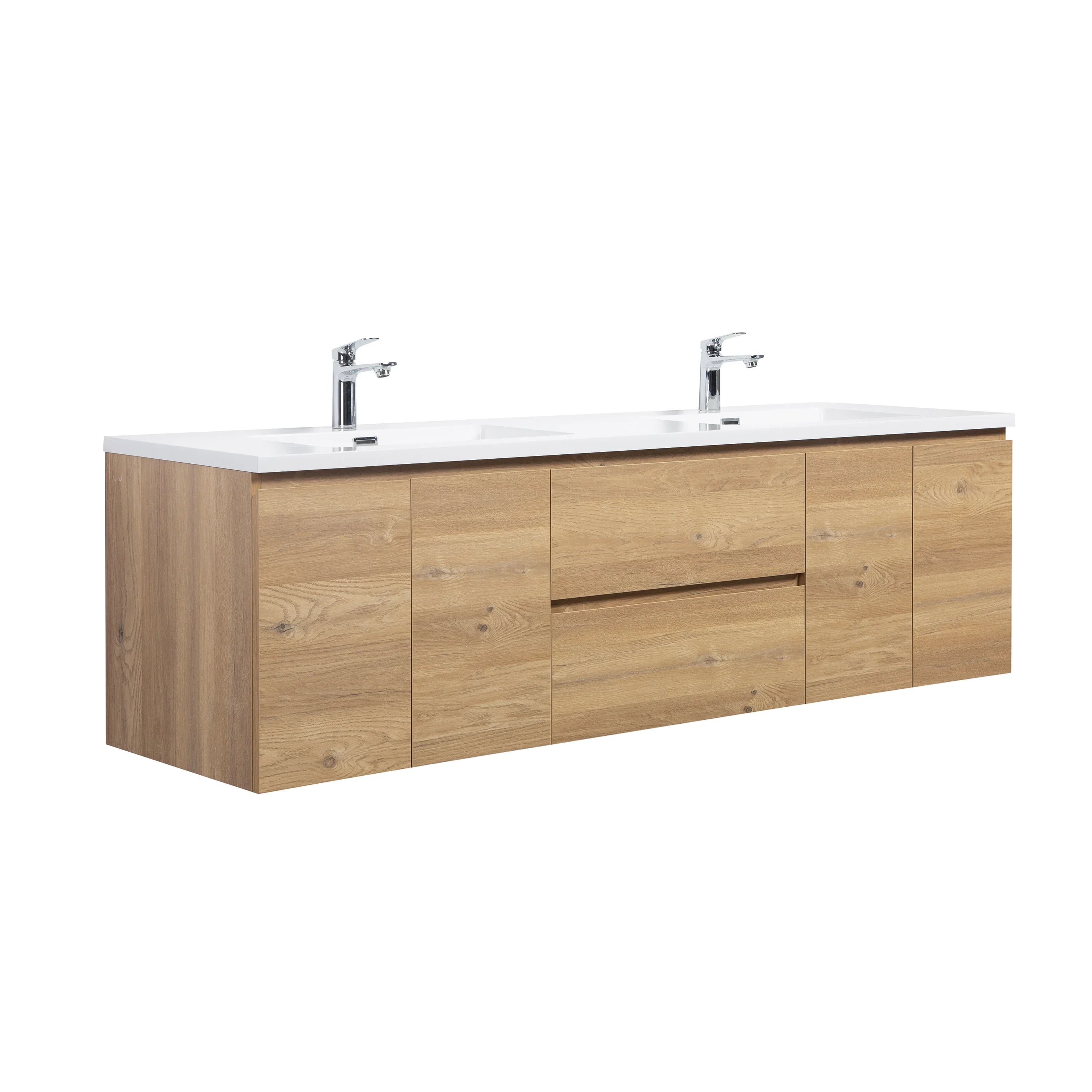72" Rough Oak Wall Mount Double Sink Bathroom Vanity with White Polymarble Countertop