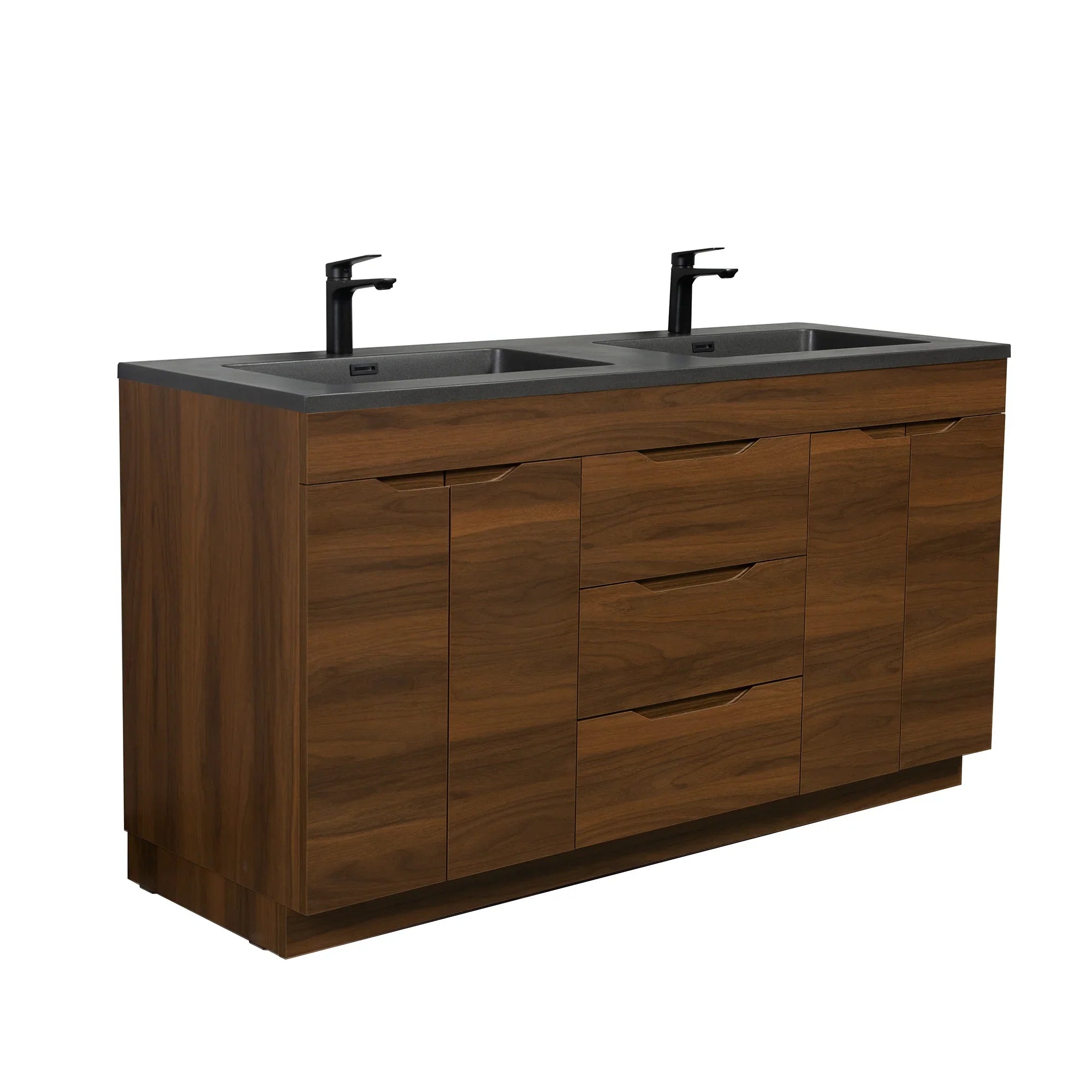 60" Walnut Freestanding Double Sink Bathroom Vanity with Black Engineered Quartz Countertop