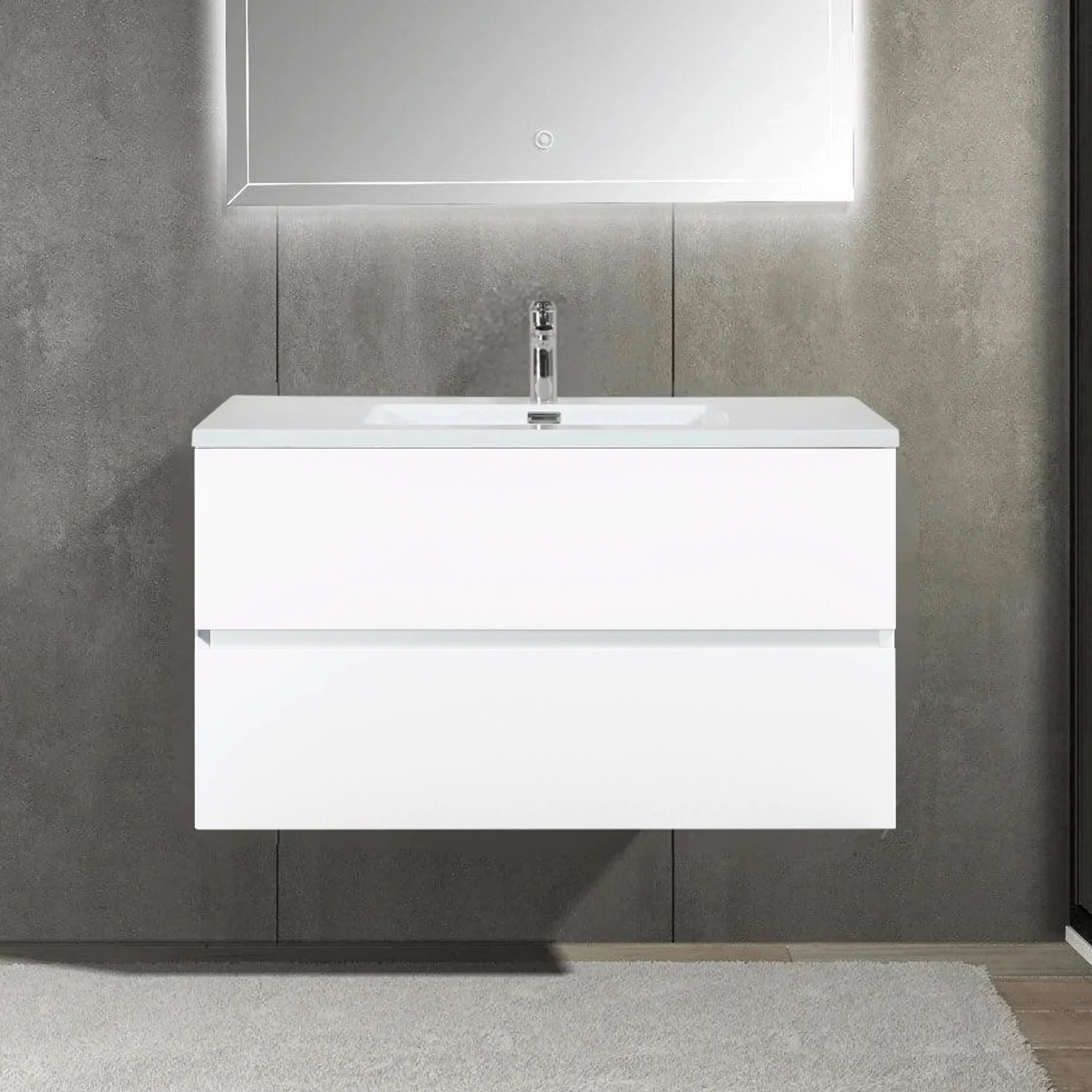 36" White Wall Mount Single Sink Bathroom Vanity with White Polymarble Countertop