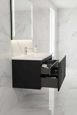 Meuble-lavabo mural noir 40" pour salle de bain avec Comptoir en polymarbre blanc Roxboro