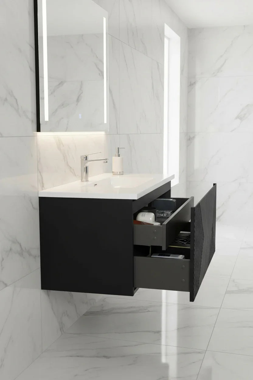40" Black Wall Mount Bathroom Vanity with White Polymarble Countertop Roxboro