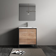 30" Rough Oak and Black Metal Frame Freestanding Single Sink Bathroom Vanity with White Ceramic Countertop - Golden Elite Deco