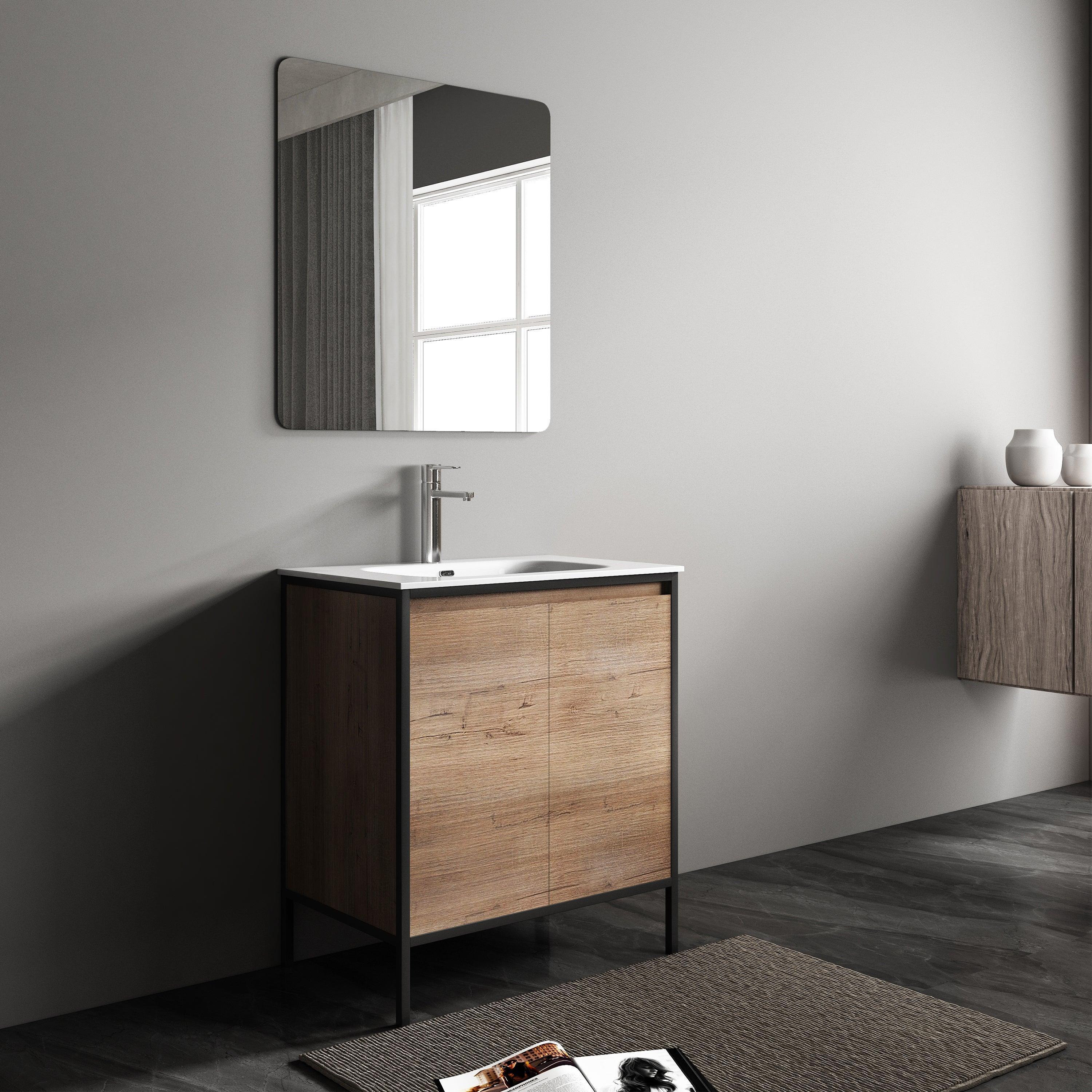 30" Rough Oak and Black Metal Frame Freestanding Single Sink Bathroom Vanity with White Ceramic Countertop - Golden Elite Deco