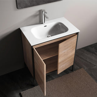 30" Rough Oak and Black Metal Frame Freestanding Single Sink Bathroom Vanity with White Ceramic Countertop - Golden Elite Deco