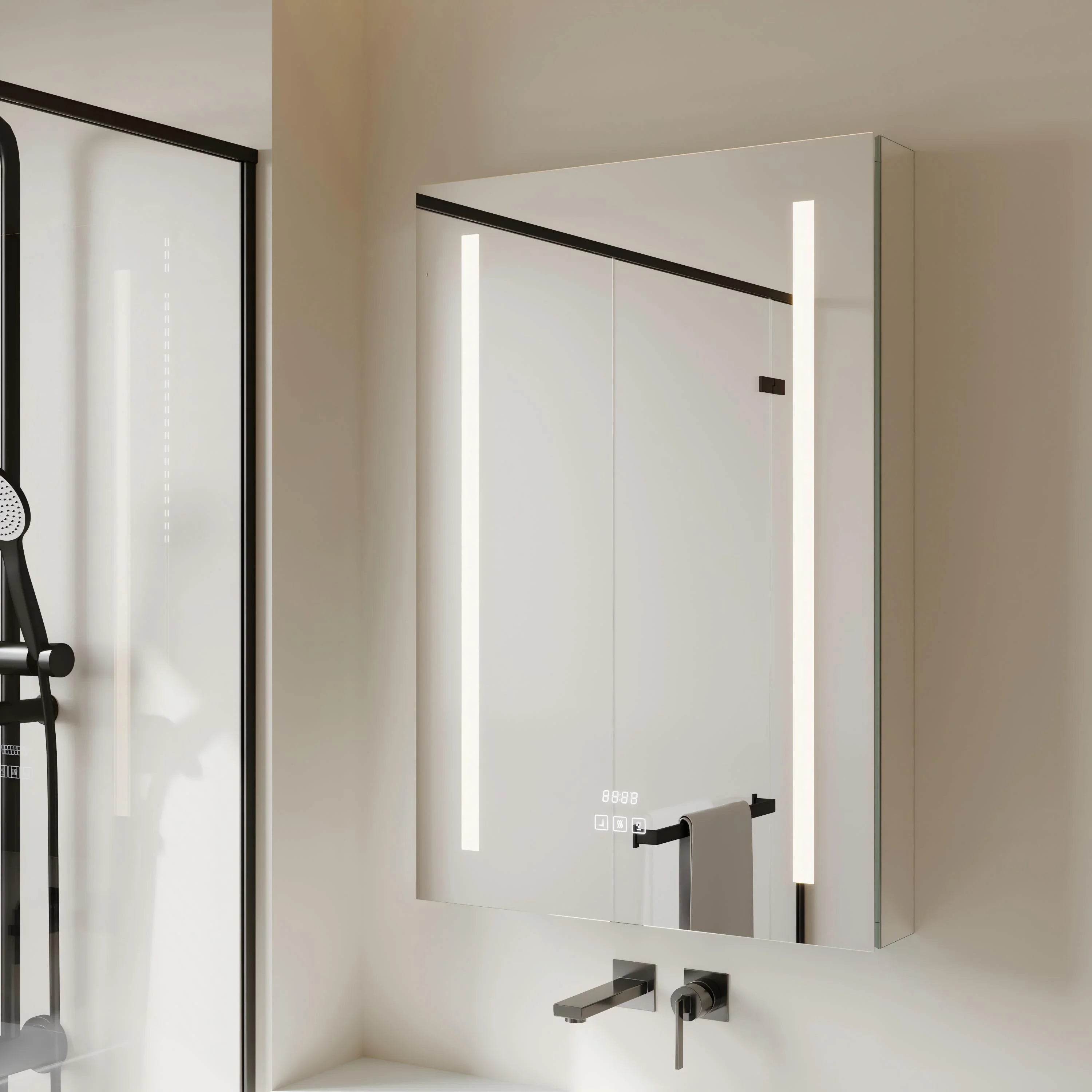 Armoire à pharmacie LED en aluminium de 24 po avec miroir antibuée et fonctionnalités intelligentes