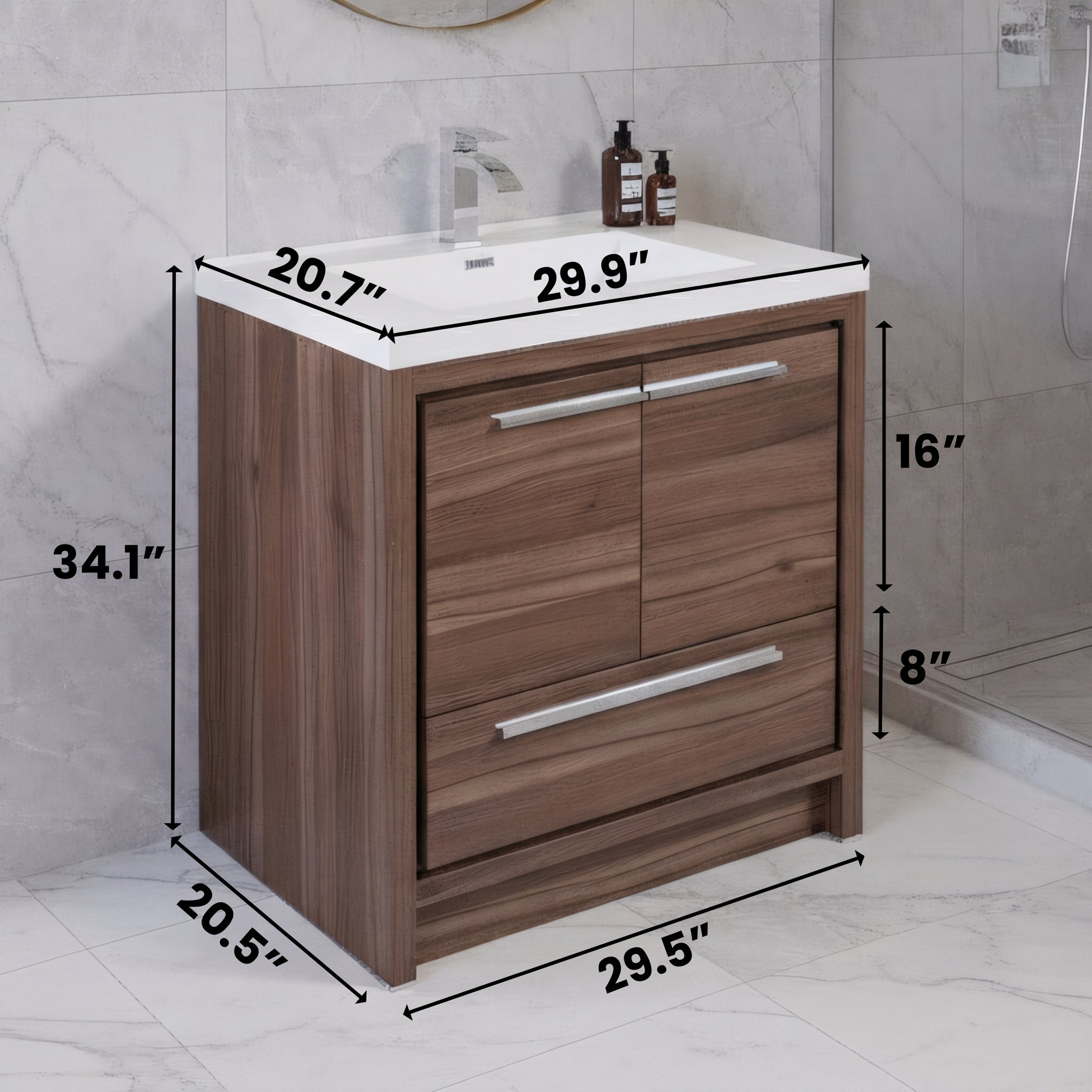 Meuble-Lavabo Autoportant 30po Noyer avec Comptoir de Polymarbre Blanc 
