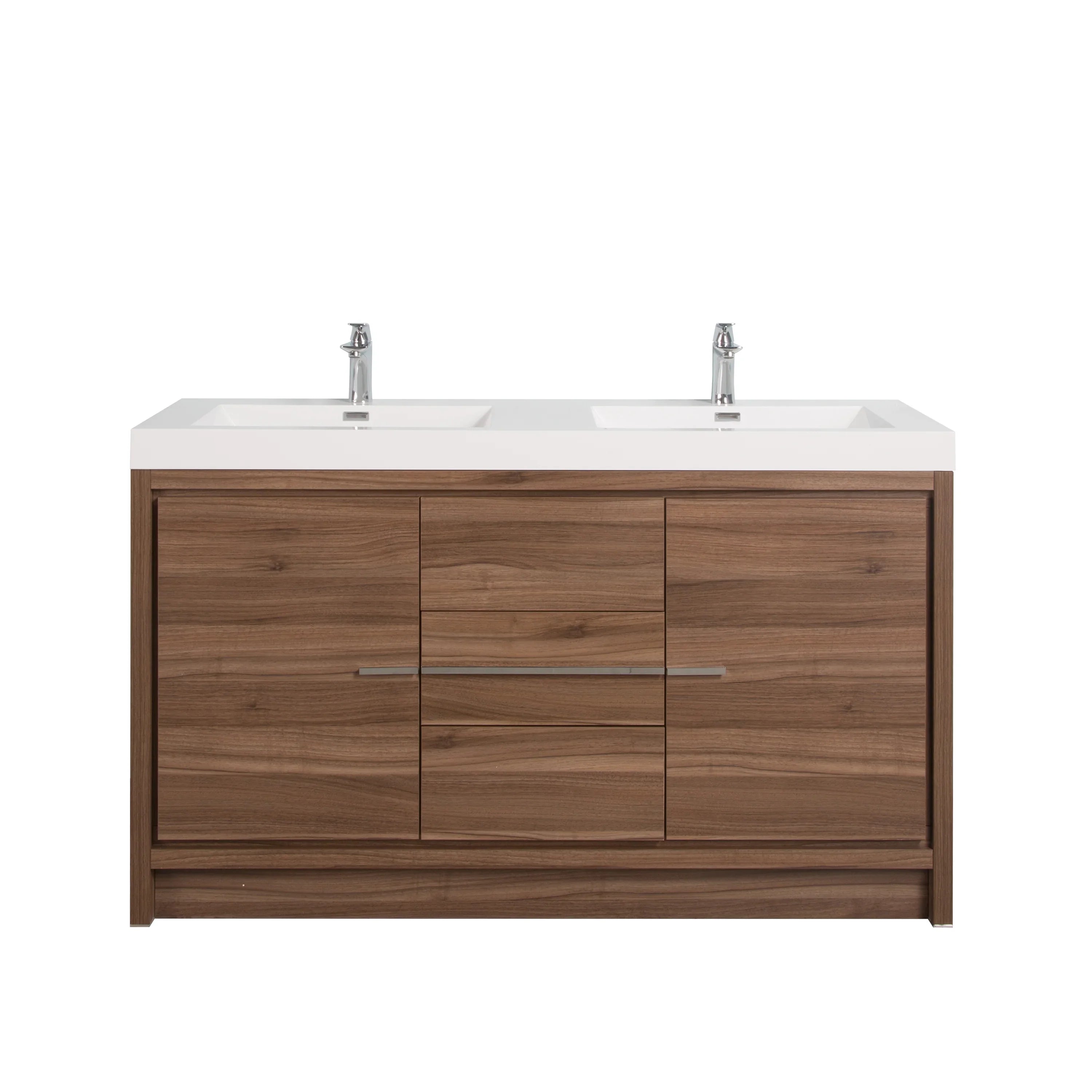 48" Walnut Freestanding Double Sink Bathroom Vanity with White Polymarble Countertop