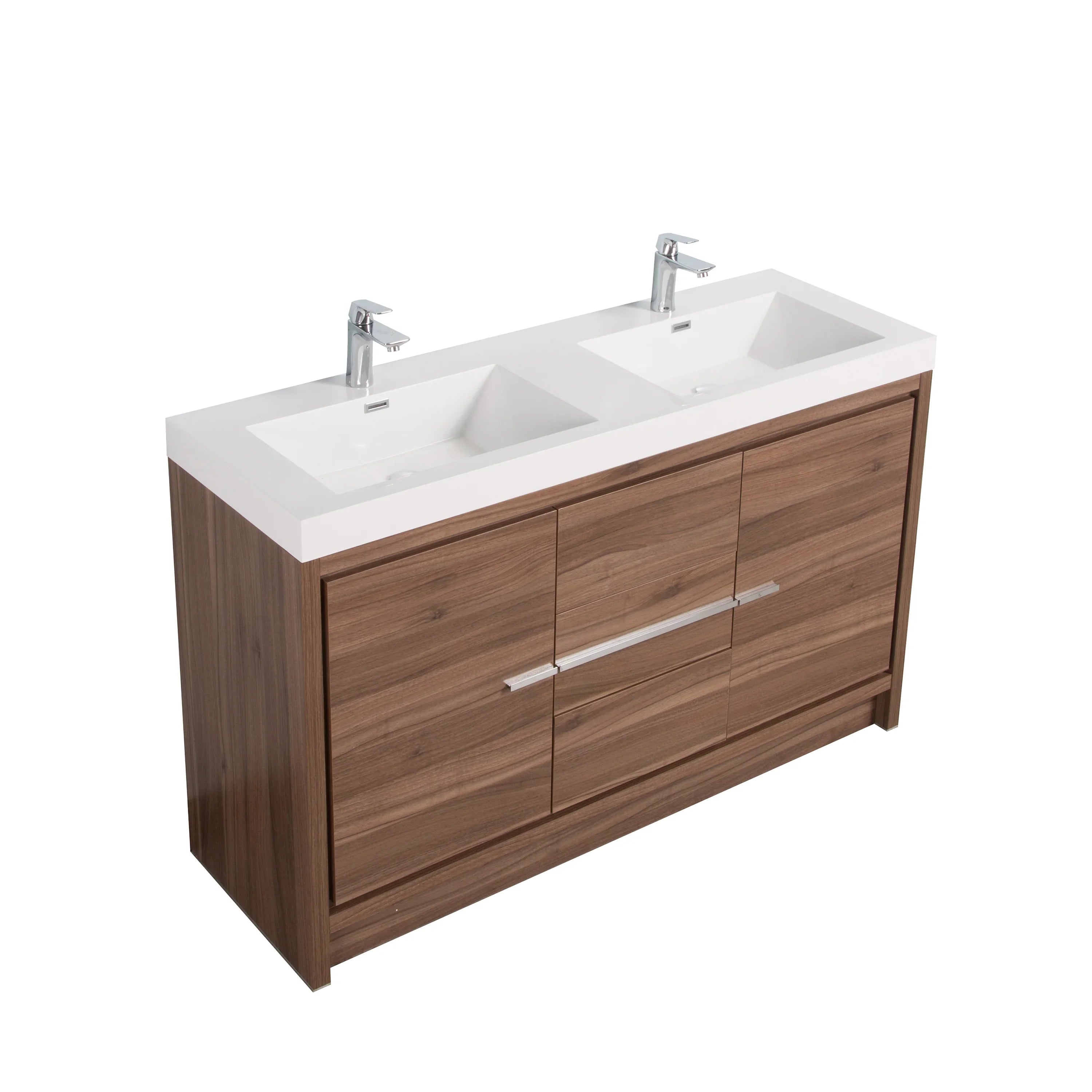 48" Walnut Freestanding Double Sink Bathroom Vanity with White Polymarble Countertop