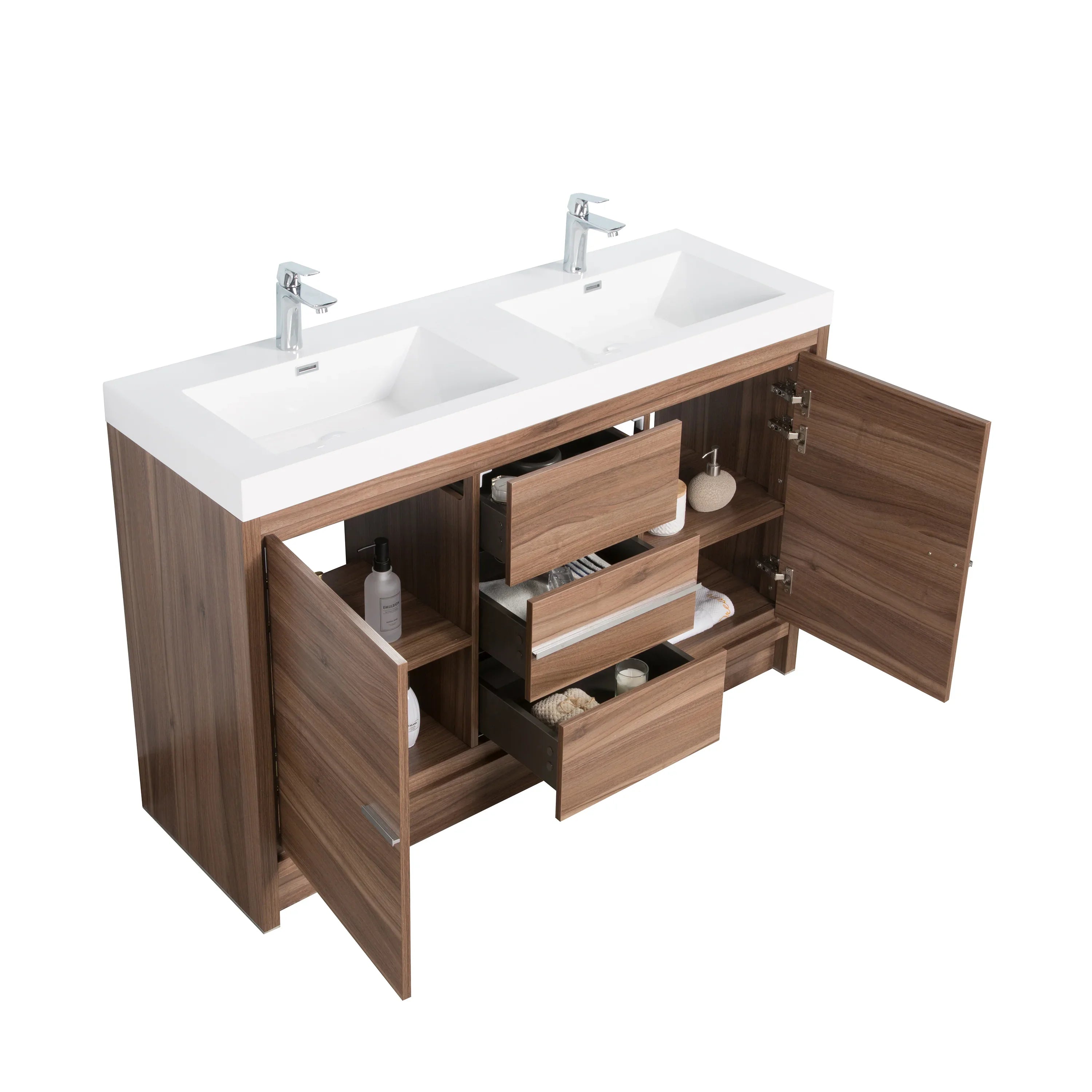 48" Walnut Freestanding Double Sink Bathroom Vanity with White Polymarble Countertop