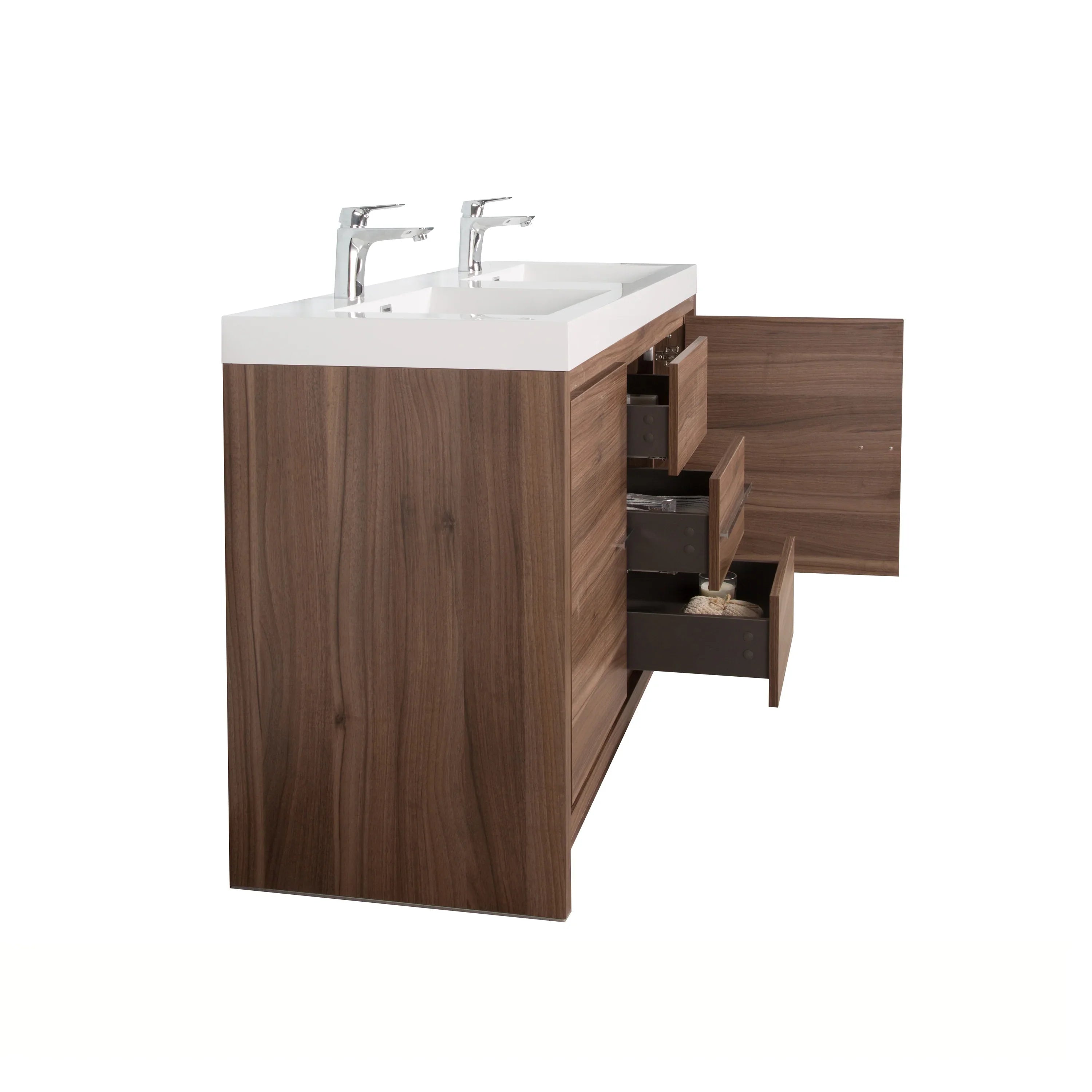 48" Walnut Freestanding Double Sink Bathroom Vanity with White Polymarble Countertop