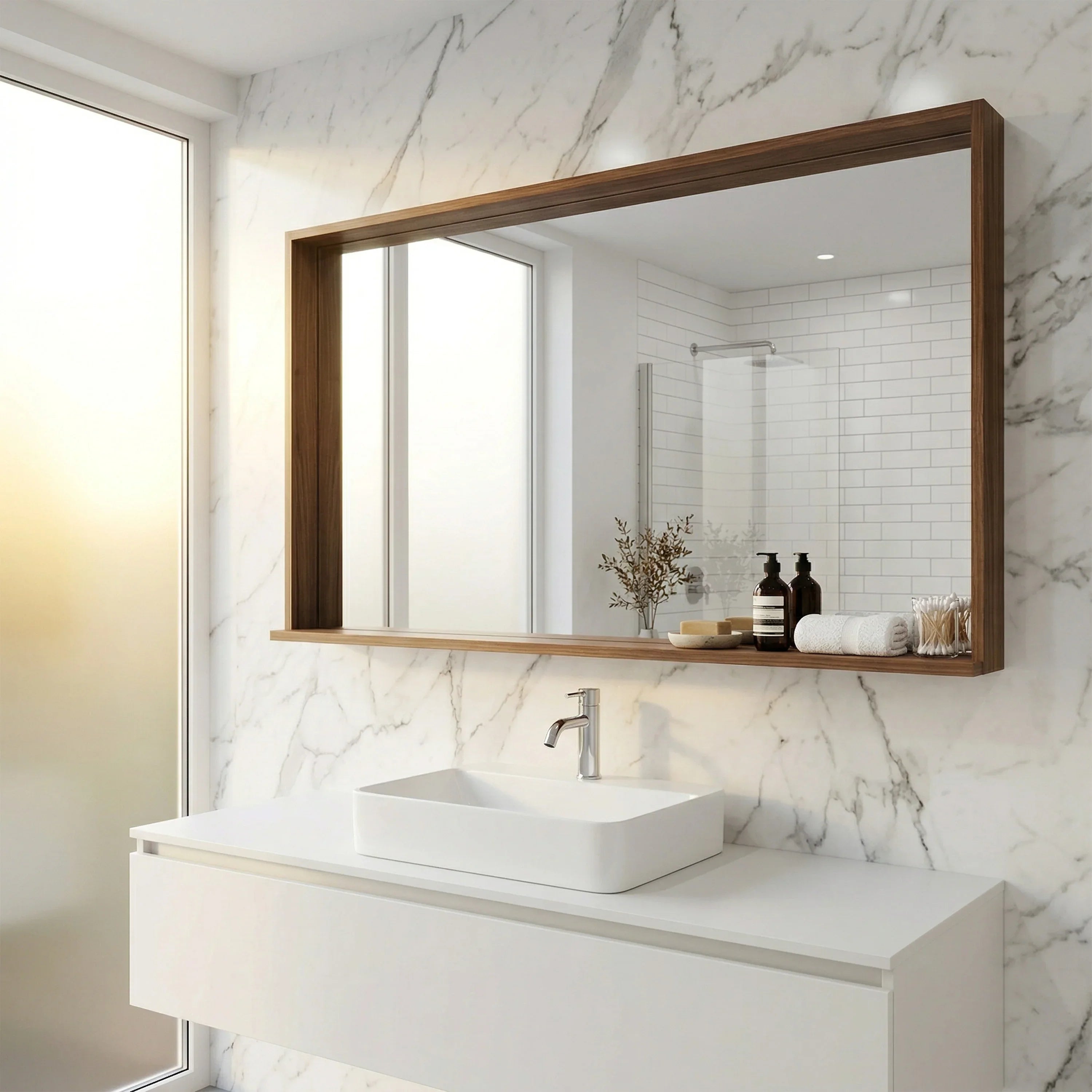 Miroir de Salle de Bain Allier 60po avec Étagère - Fini Noyer
