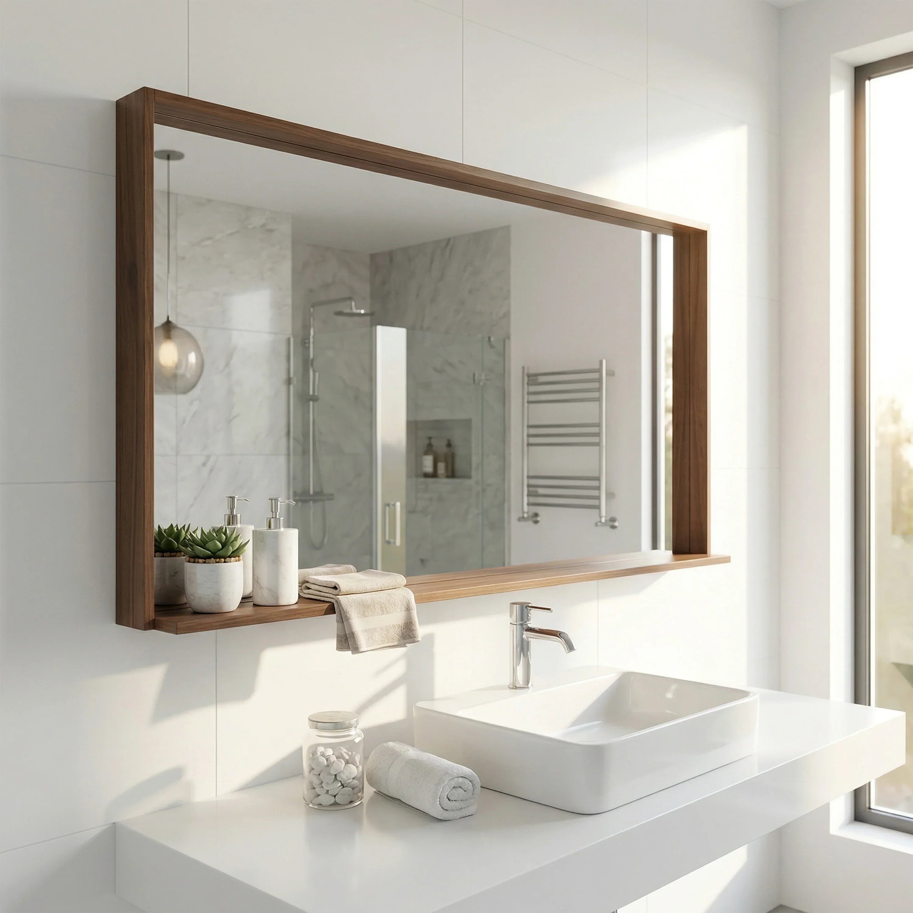 Miroir de Salle de Bain Allier 60po avec Étagère - Fini Noyer