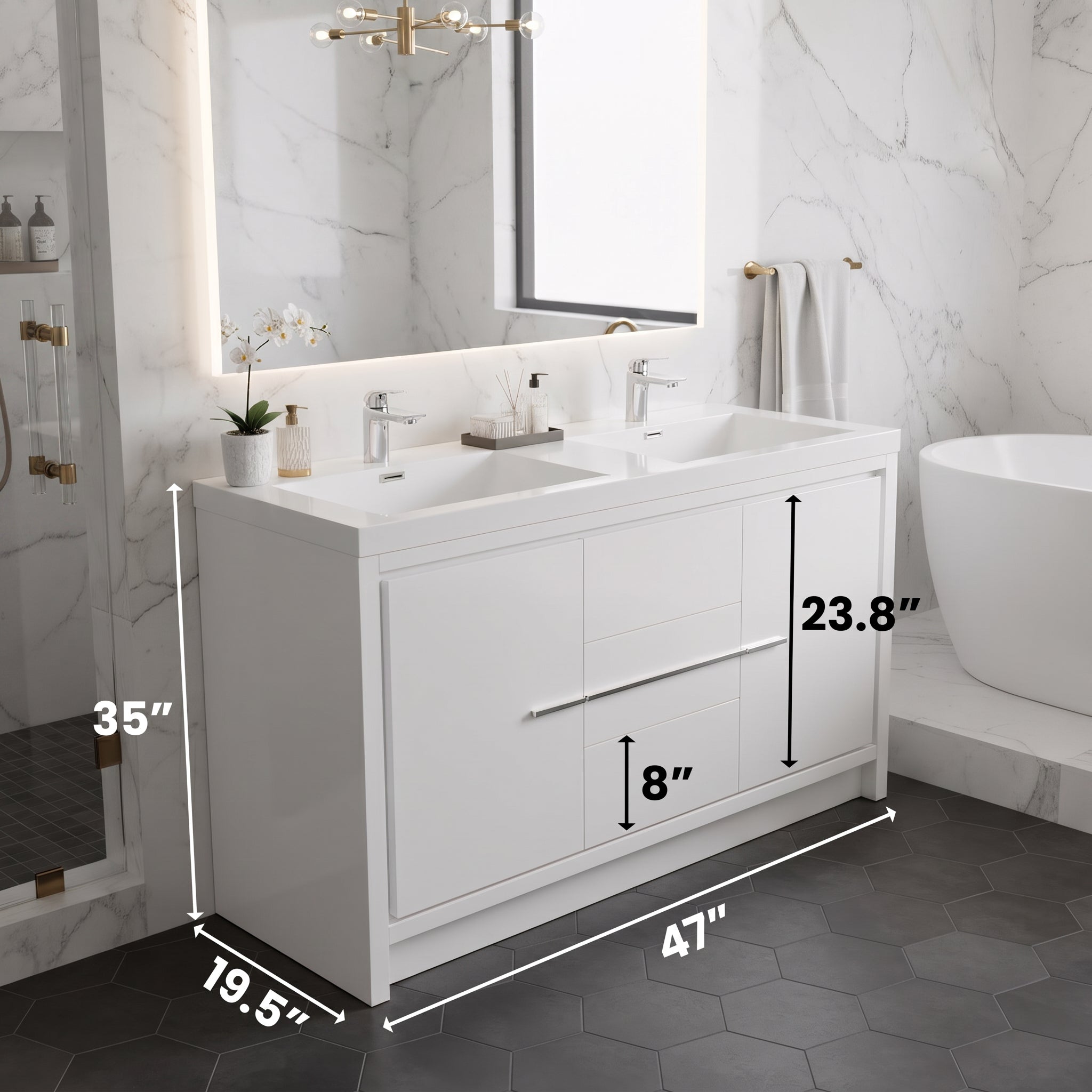 48" Glossy White Freestanding Double Sink Bathroom Vanity with White Polymarble Countertop