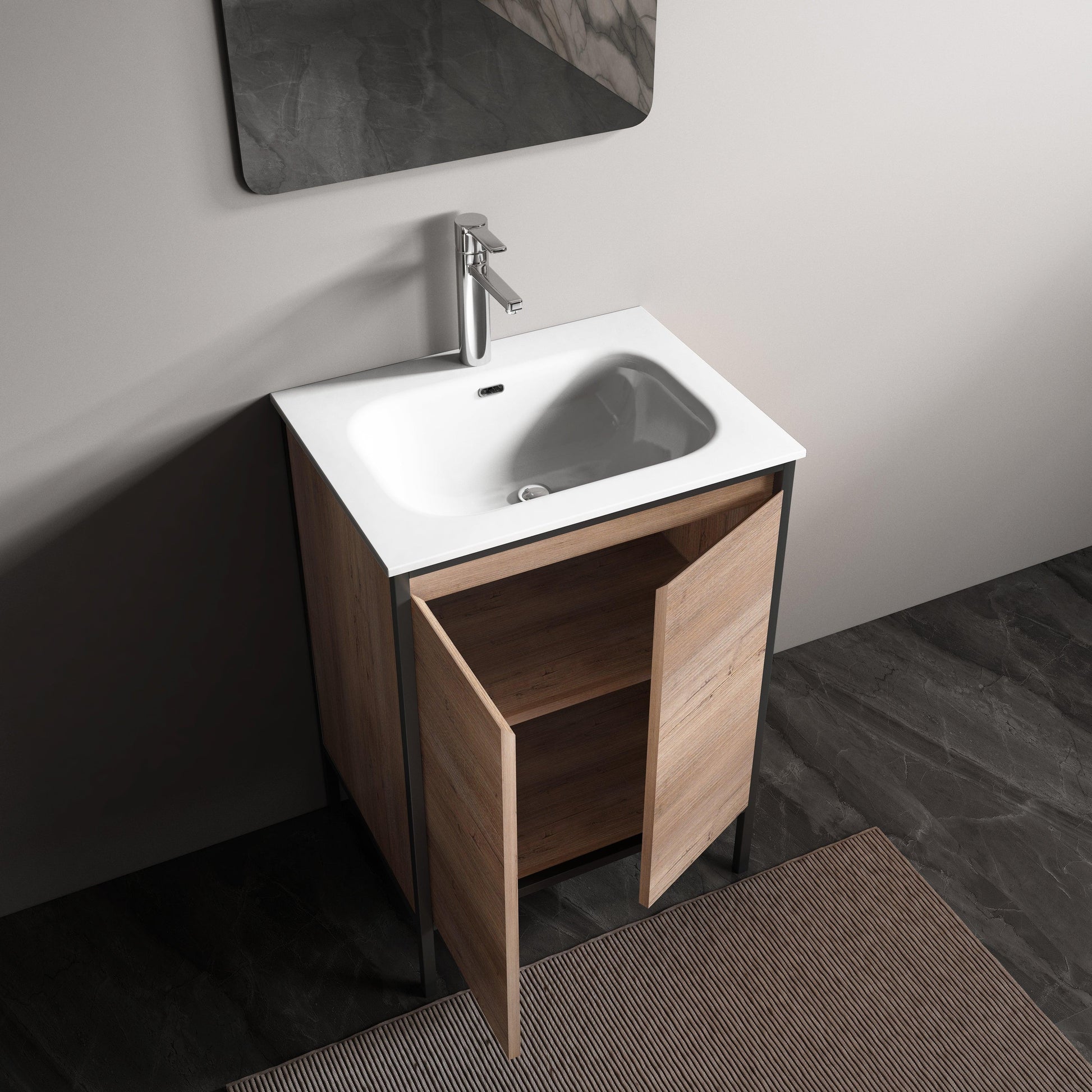 24" Rough Oak and Black Metal Frame Freestanding Single Sink Bathroom Vanity with White Ceramic Countertop - Golden Elite Deco