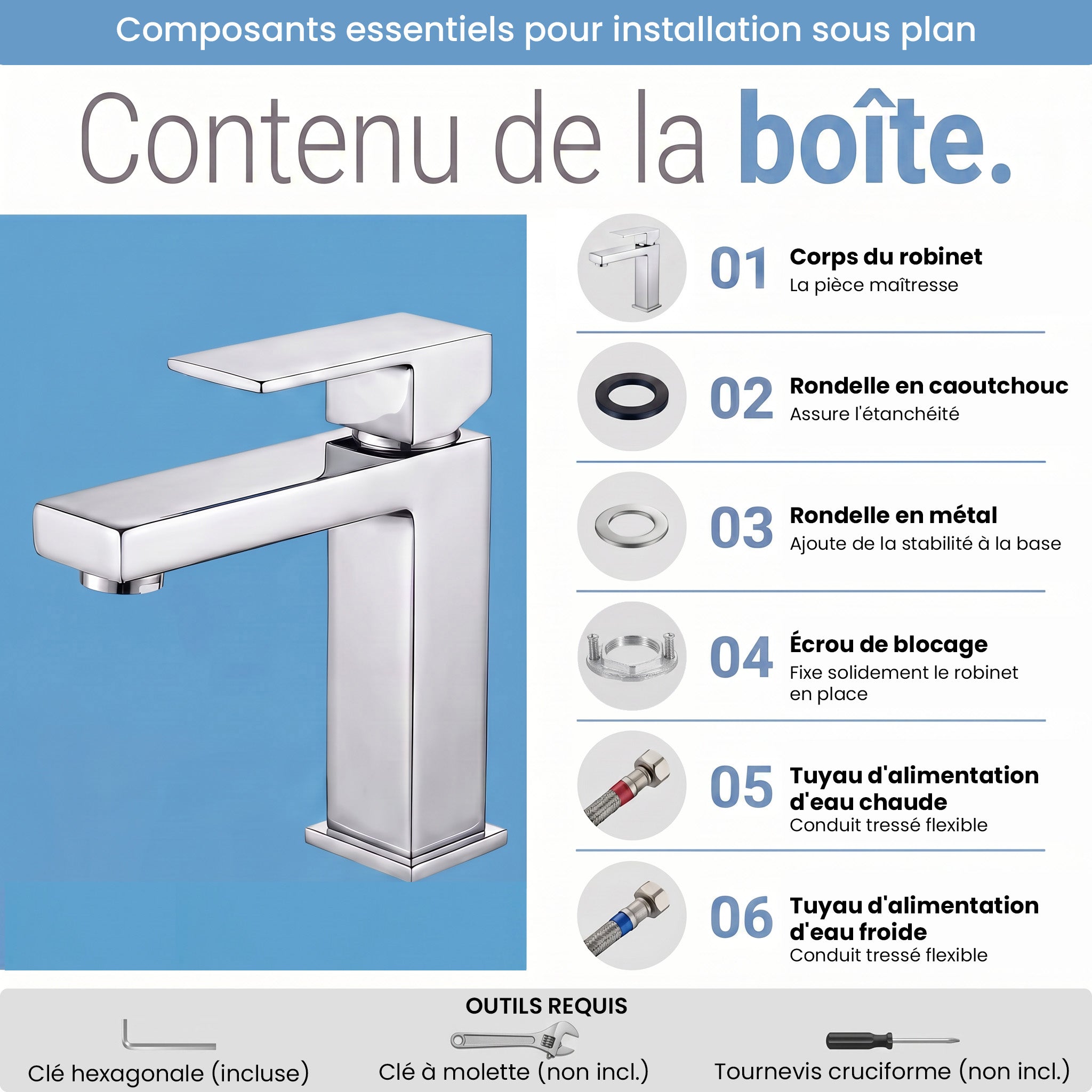 Robinet de Lavabo de Salle de Bains à 1 Poignée Arizona en Acier Inoxydable Chromé