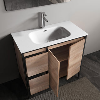 36" Rough Oak and Black Metal Frame Freestanding Single Sink Bathroom Vanity with White Ceramic Countertop - Golden Elite Deco