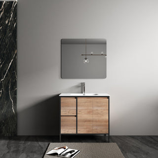 36" Rough Oak and Black Metal Frame Freestanding Single Sink Bathroom Vanity with White Ceramic Countertop - Golden Elite Deco