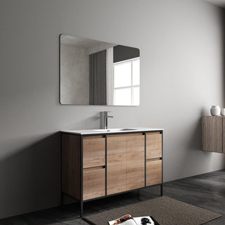 48" Rough Oak and Black Metal Frame Freestanding Single Sink Bathroom Vanity with White Ceramic Countertop - Golden Elite Deco