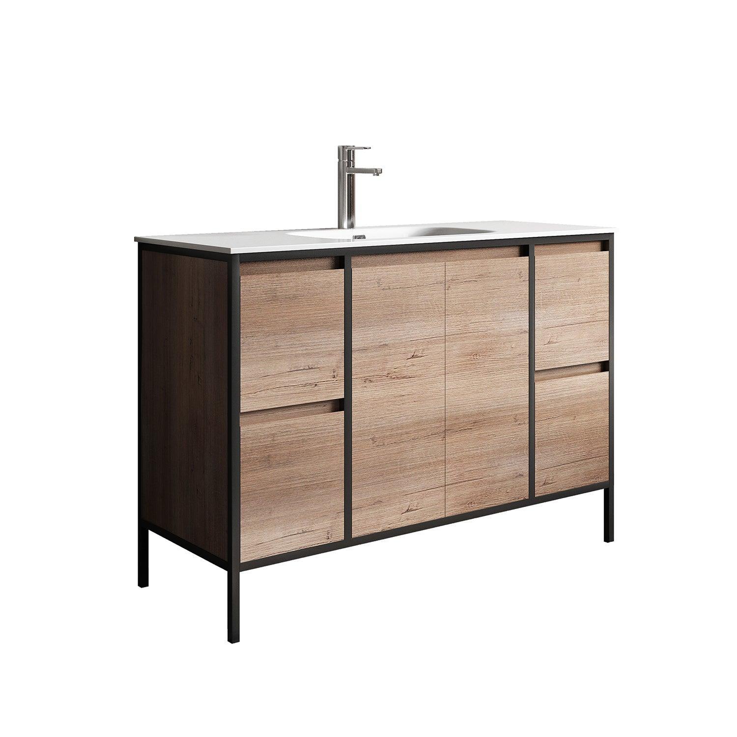 48" Rough Oak and Black Metal Frame Freestanding Single Sink Bathroom Vanity with White Ceramic Countertop - Golden Elite Deco
