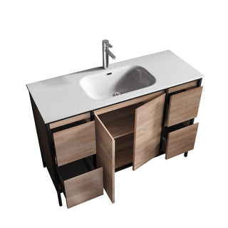 48" Rough Oak and Black Metal Frame Freestanding Single Sink Bathroom Vanity with White Ceramic Countertop - Golden Elite Deco
