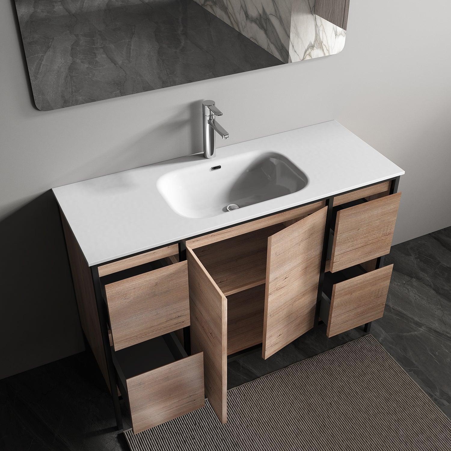 48" Rough Oak and Black Metal Frame Freestanding Single Sink Bathroom Vanity with White Ceramic Countertop - Golden Elite Deco