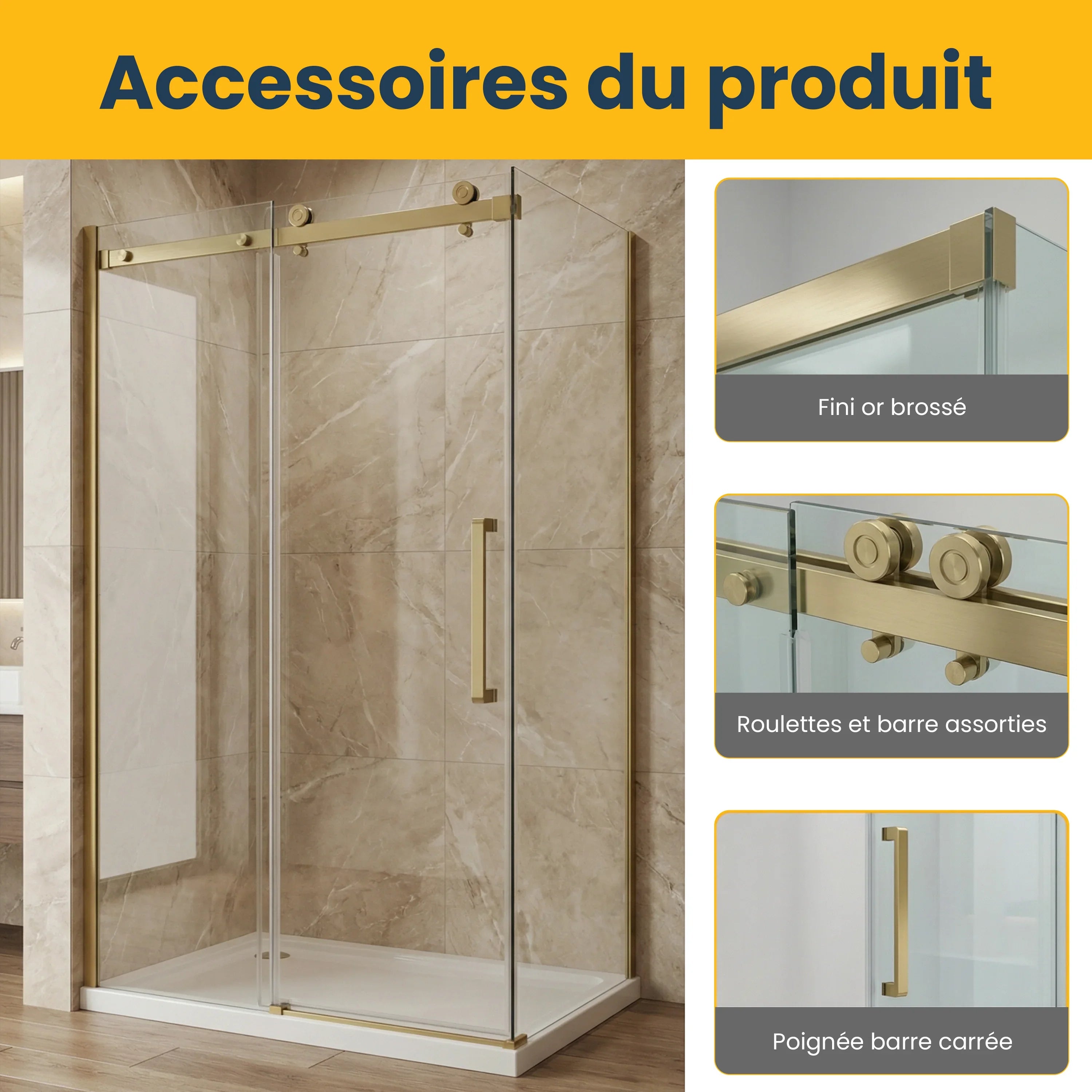 Porte de douche coulissante 48po x 32po x 75po en or brossé avec panneau latéral 32po