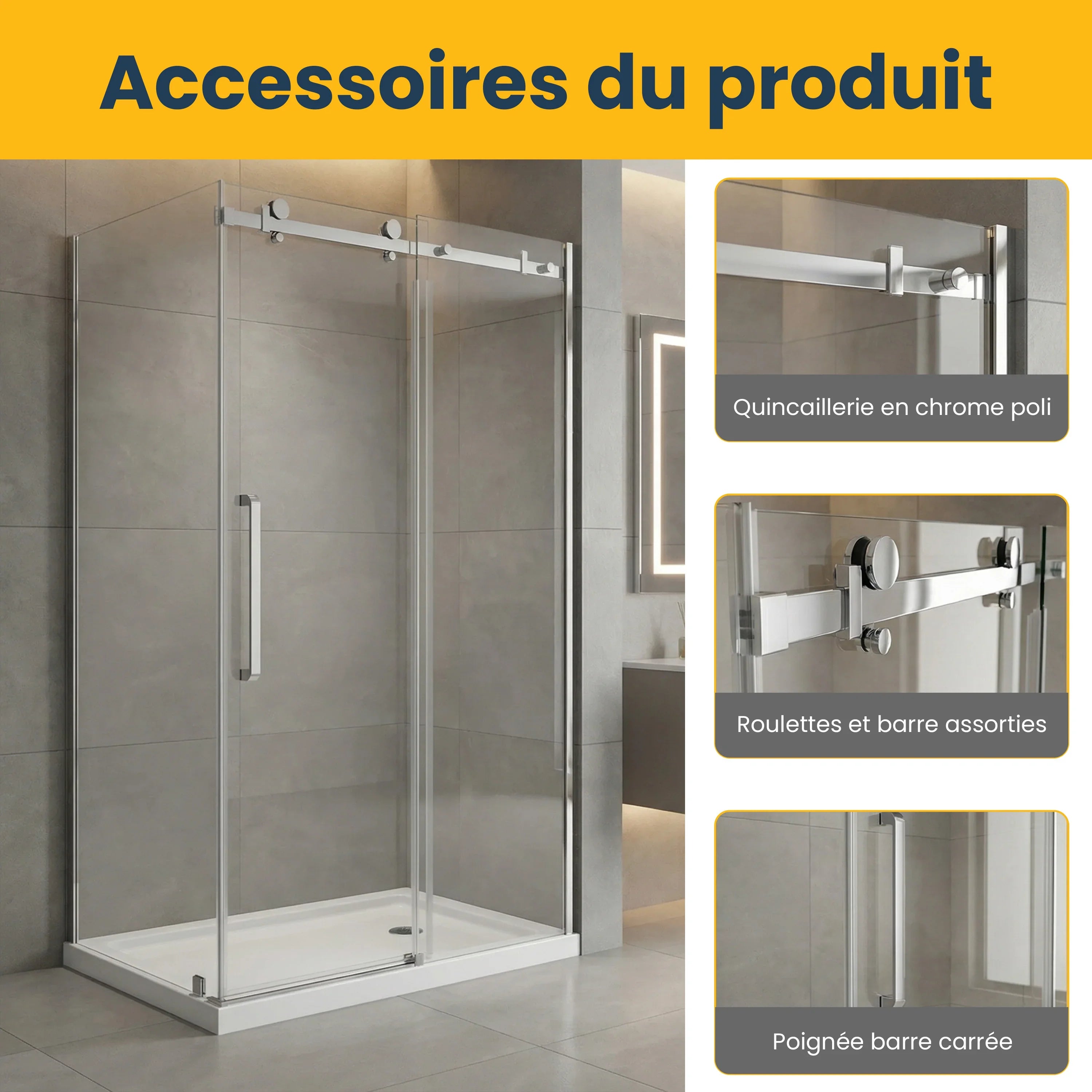 48" x 36" x 75" Reversible Sliding Shower Door with Chrome Square Hardware - 10mm Tempered Glass