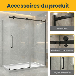 Porte de douche coulissante réversible 60" x 36" x 75" x 10mm avec panneau latéral 36", design carré, quincaillerie noire sans base