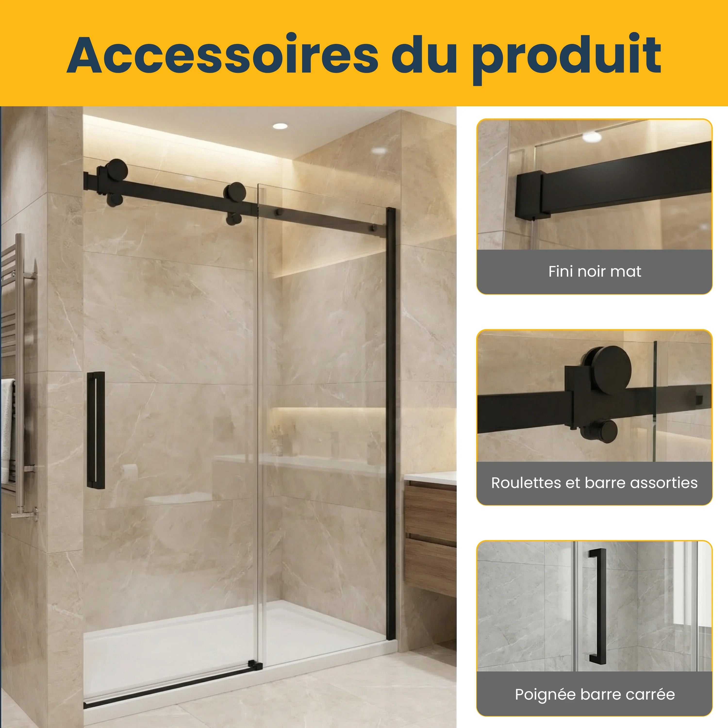 60" x 75" Alcove Reversible Sliding Shower Door with Matte Black Square Hardware