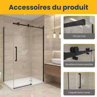 Ensemble de douche 48" x 36" x 75" - Style carré avec quincaillerie noire mate - Installation sur 2 murs sans base