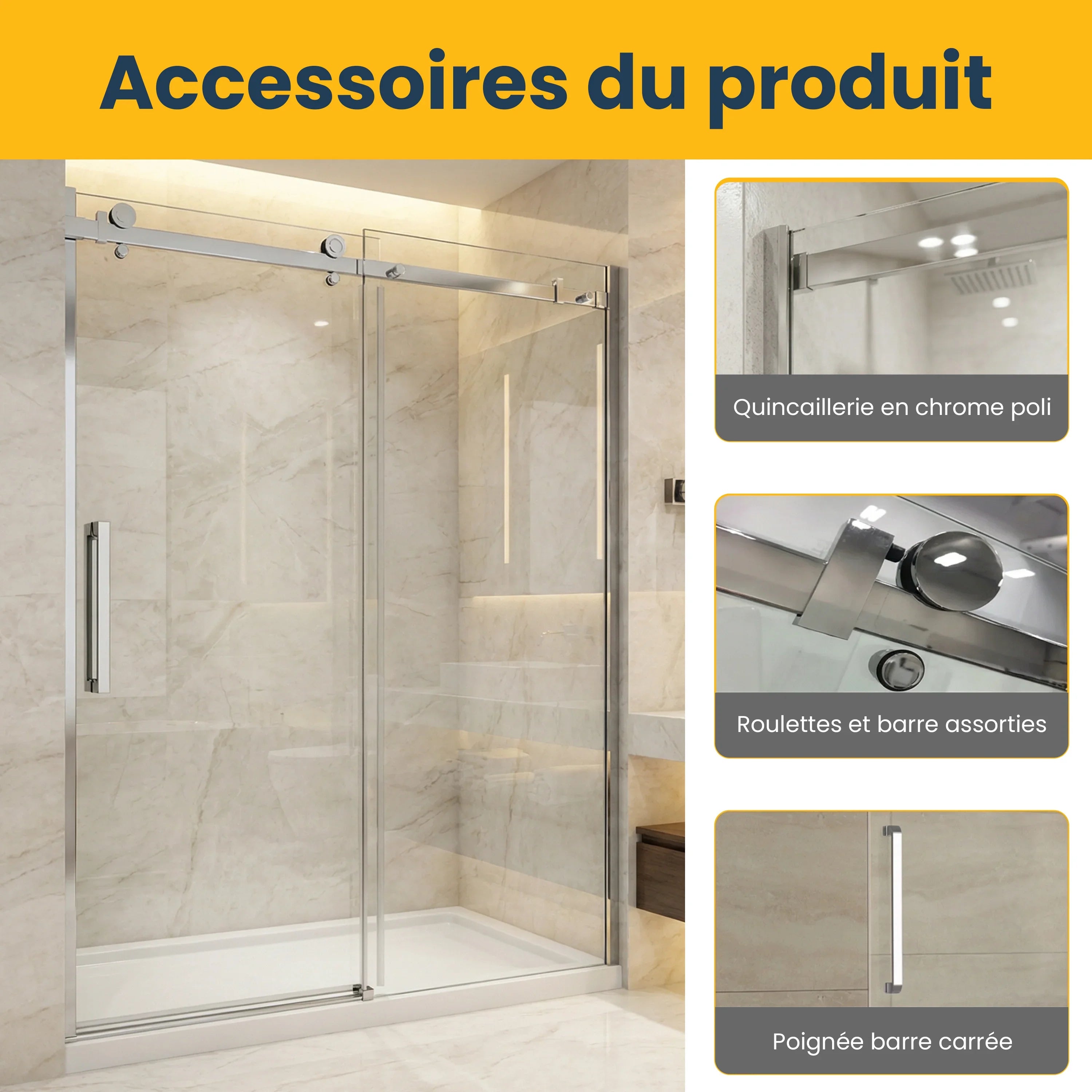 60" x 75" Alcove Reversible Sliding Shower Door with Square Chrome Hardware – 10mm Tempered Glass