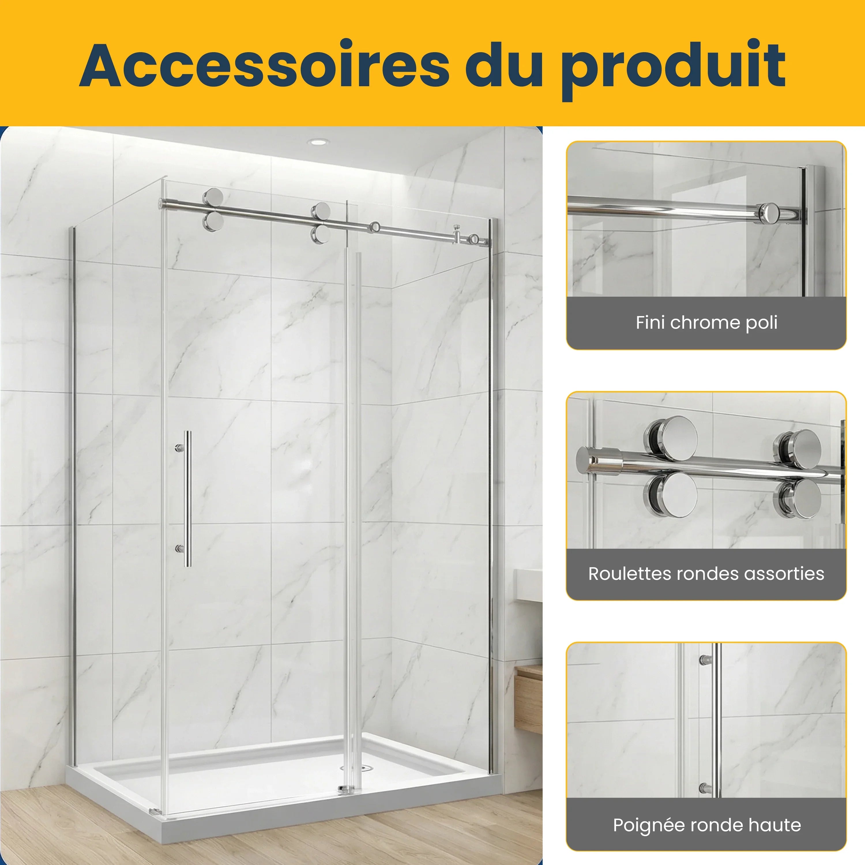 48" x 32" x 75" Reversible Sliding Shower Door with Chrome Hardware – 10mm Tempered Glass Corner Setup