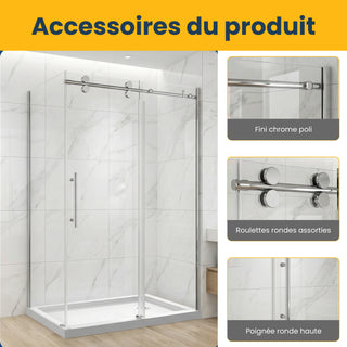 Porte de douche coulissante réversible chromée 48 po x 32 po x 75 po - Verre 10 mm, installation sur deux murs avec panneau latéral de 32 po.