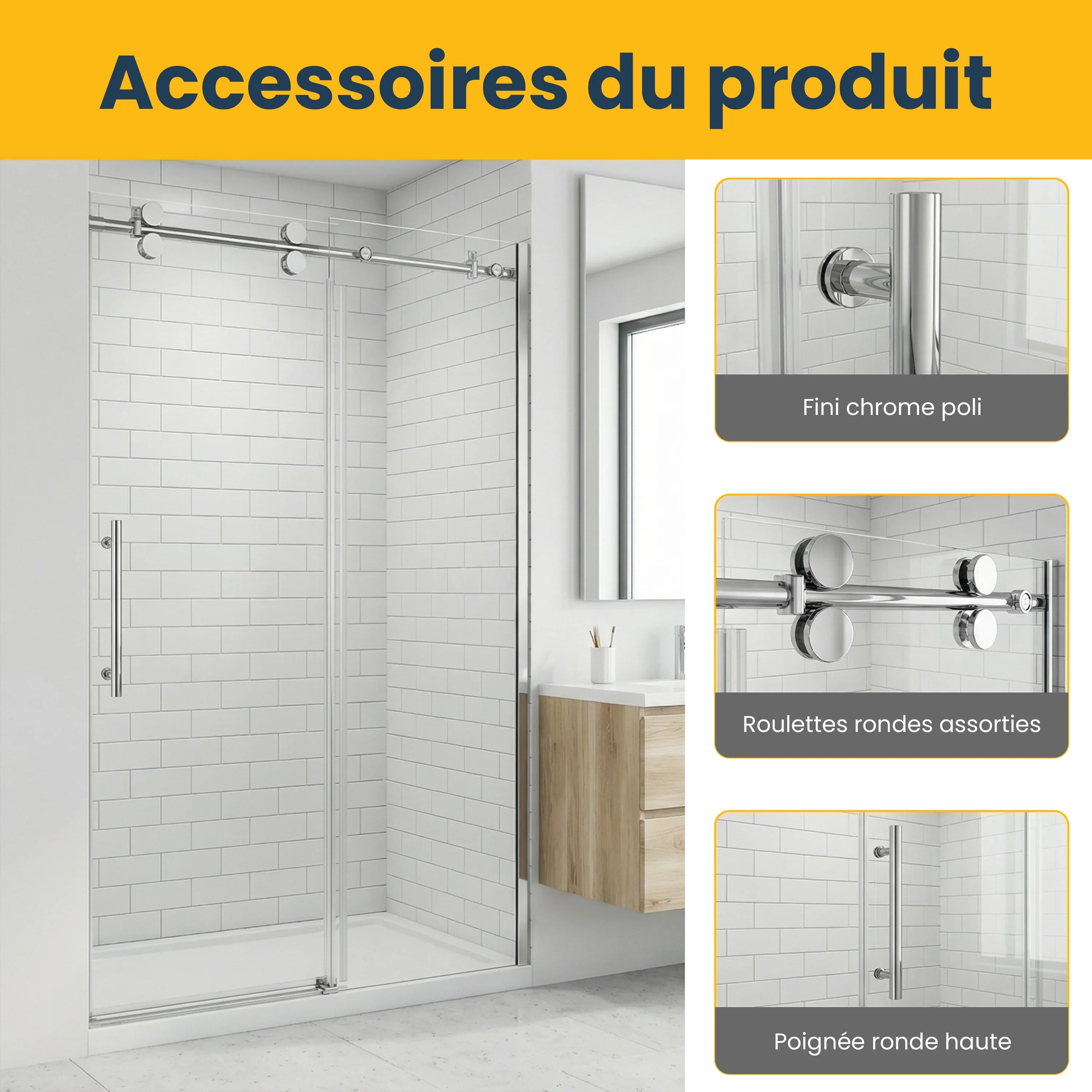 Porte de douche coulissante réversible 48po x 75po en alcôve - Quincaillerie chrome ronde, verre trempé 10mm