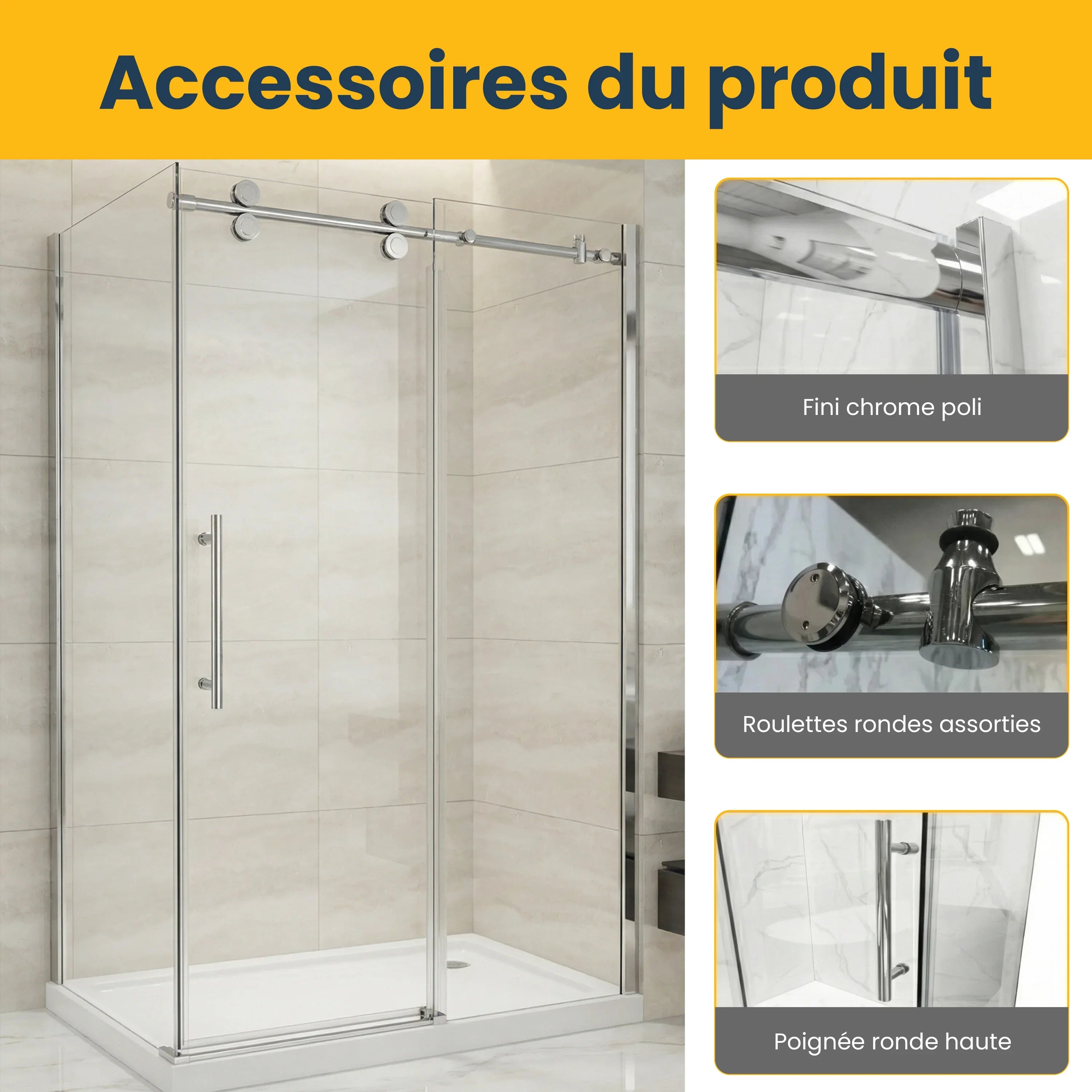 48" x 36" x 75" Reversible Sliding Shower Door in Chrome with 10mm Glass and Side Panel