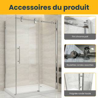 Porte de Douche Coulissante Réversible Chromée de 48 po x 36 po x 75 po - Verre de 10mm, Installation à 2 Murs avec Panneau Latéral de 36 po