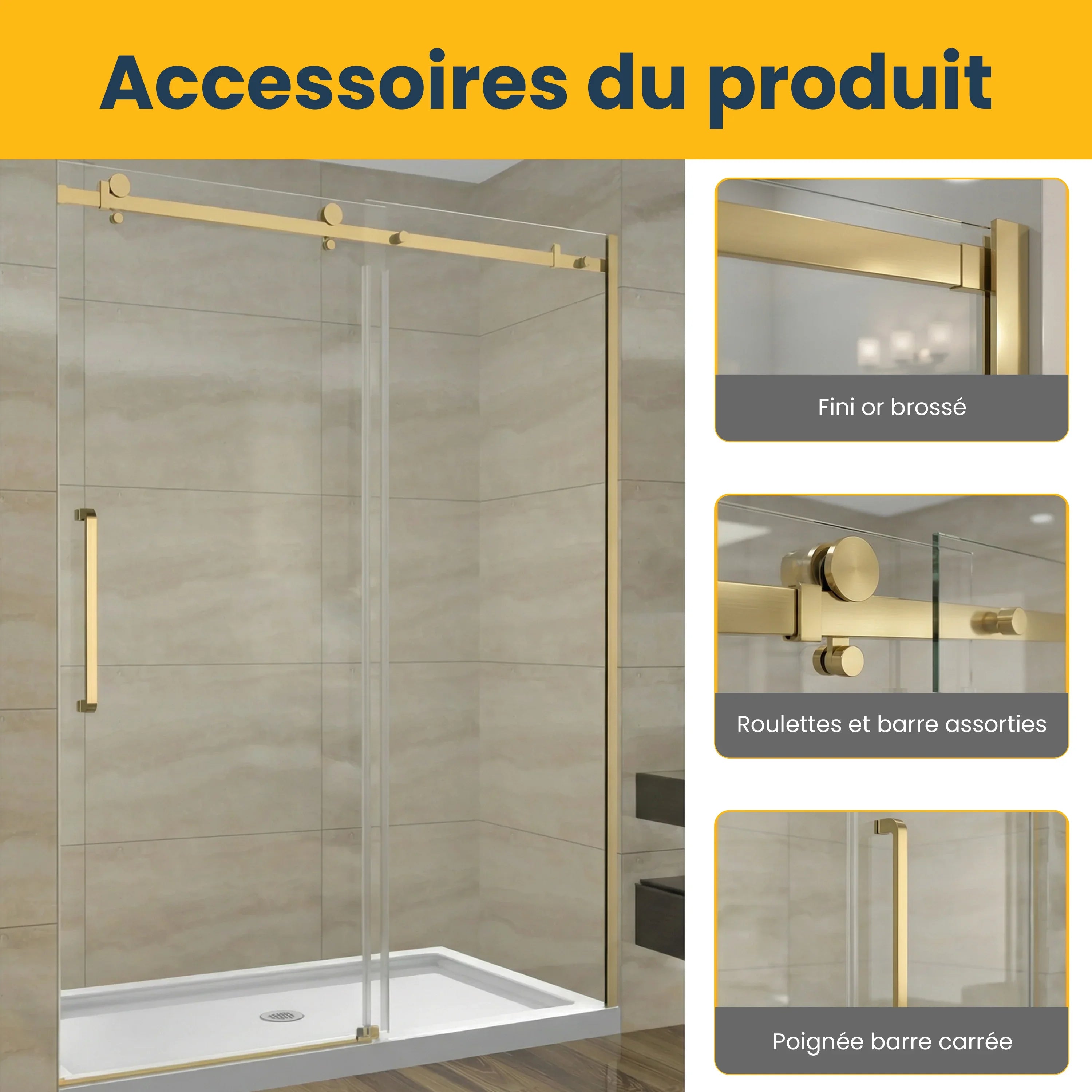 60" x 75" Brushed Gold Alcove Reversible Sliding Shower Door with Square Hardware