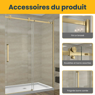 60" x 75" x 10mm Alcove Reversible Sliding Shower Door with Square Design Hardware in Brushed Gold