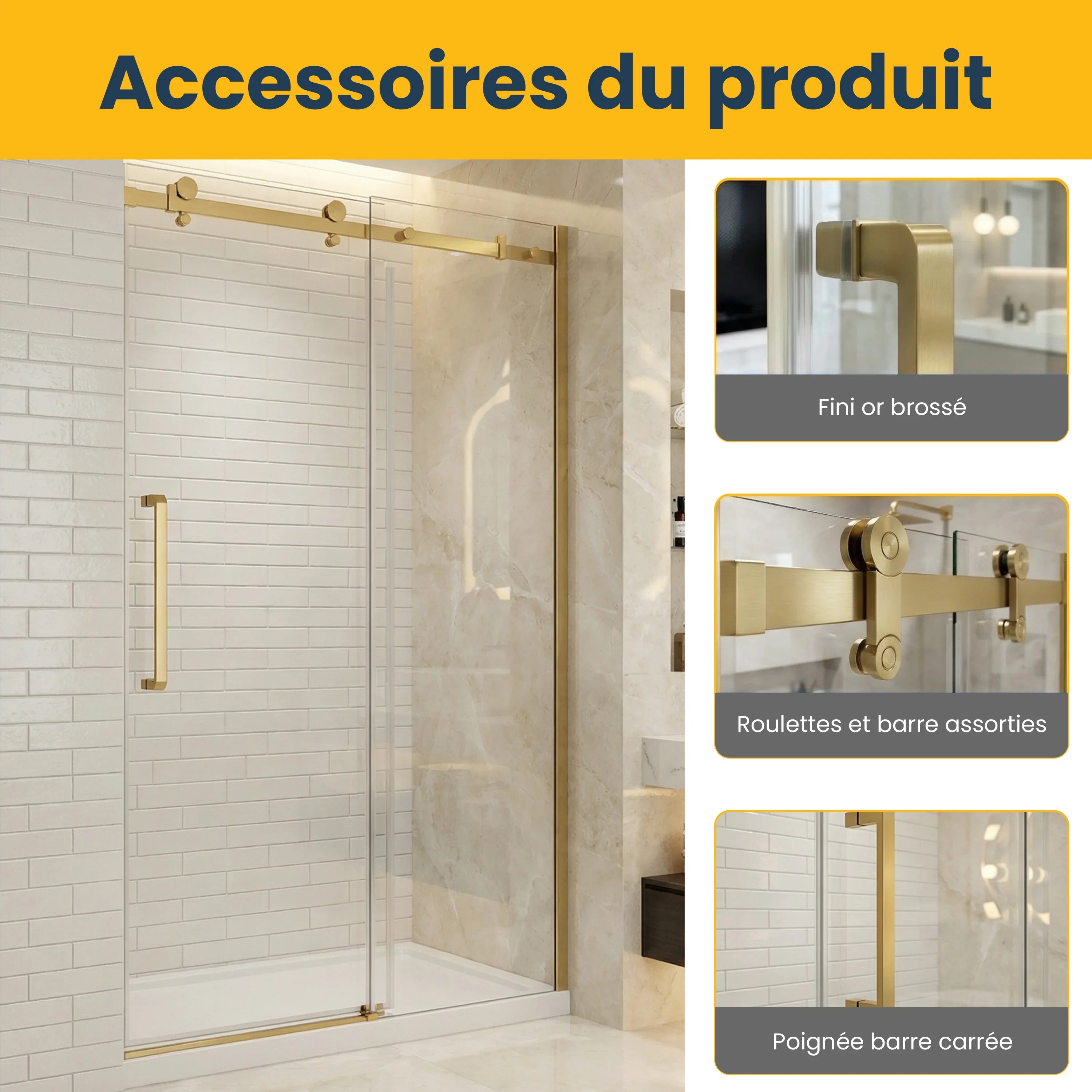 48" x 75" Brushed Gold Alcove Reversible Sliding Shower Door with Square Hardware