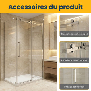 Porte de douche coulissante réversible 48" x 32" x 75" en chrome - Verre 10 mm, installation sur 2 murs avec panneau latéral de 32"