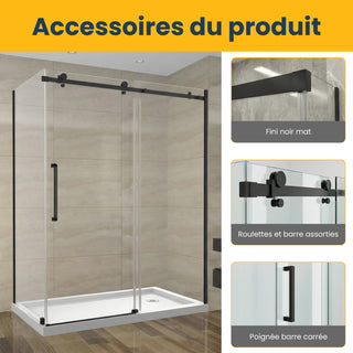 Ensemble de douche 60" x 32" x 75" - Style carré avec quincaillerie noire mate - Installation sur 2 murs sans base