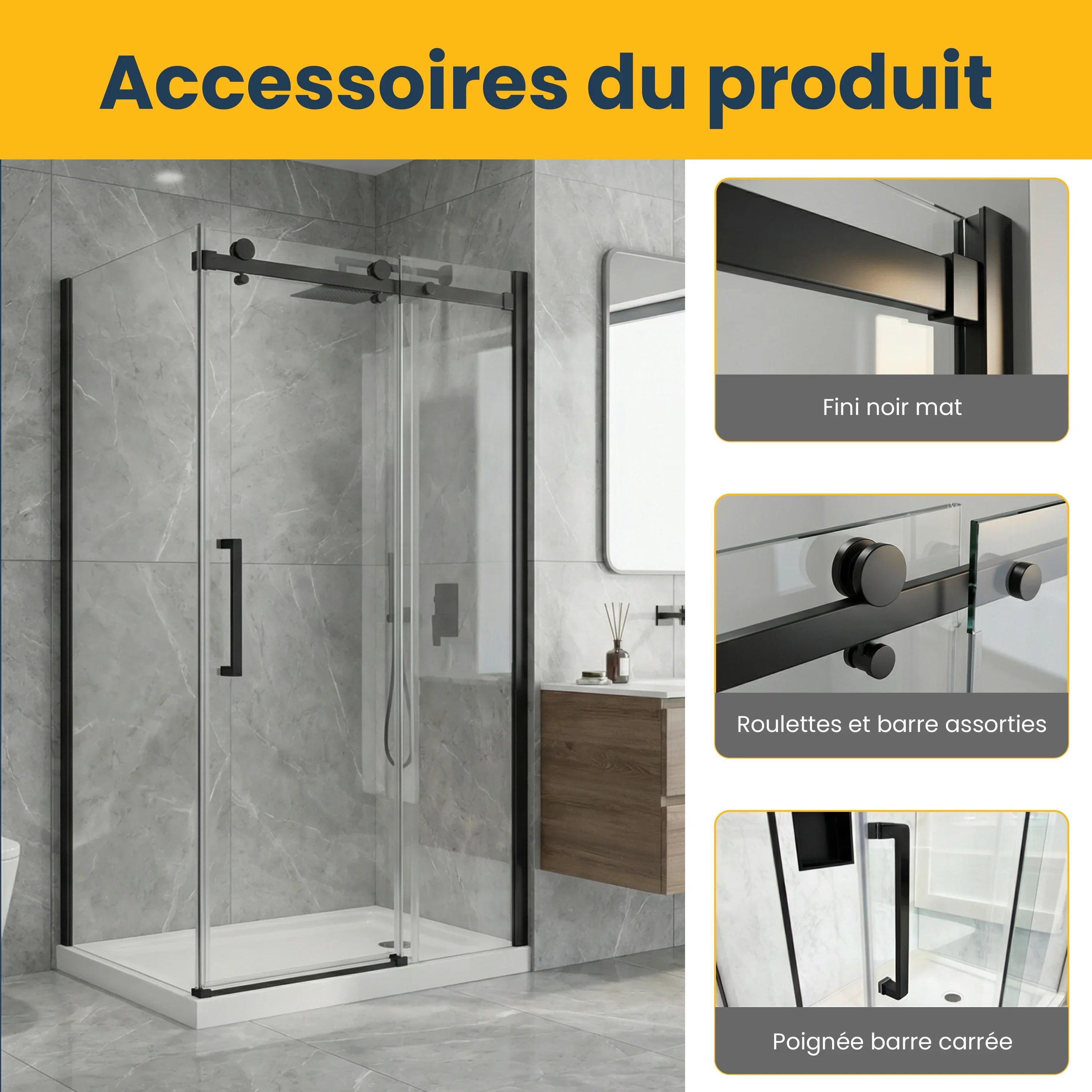 48" x 75" Reversible Sliding Shower Door with Black Square Hardware and 32" Side Panel
