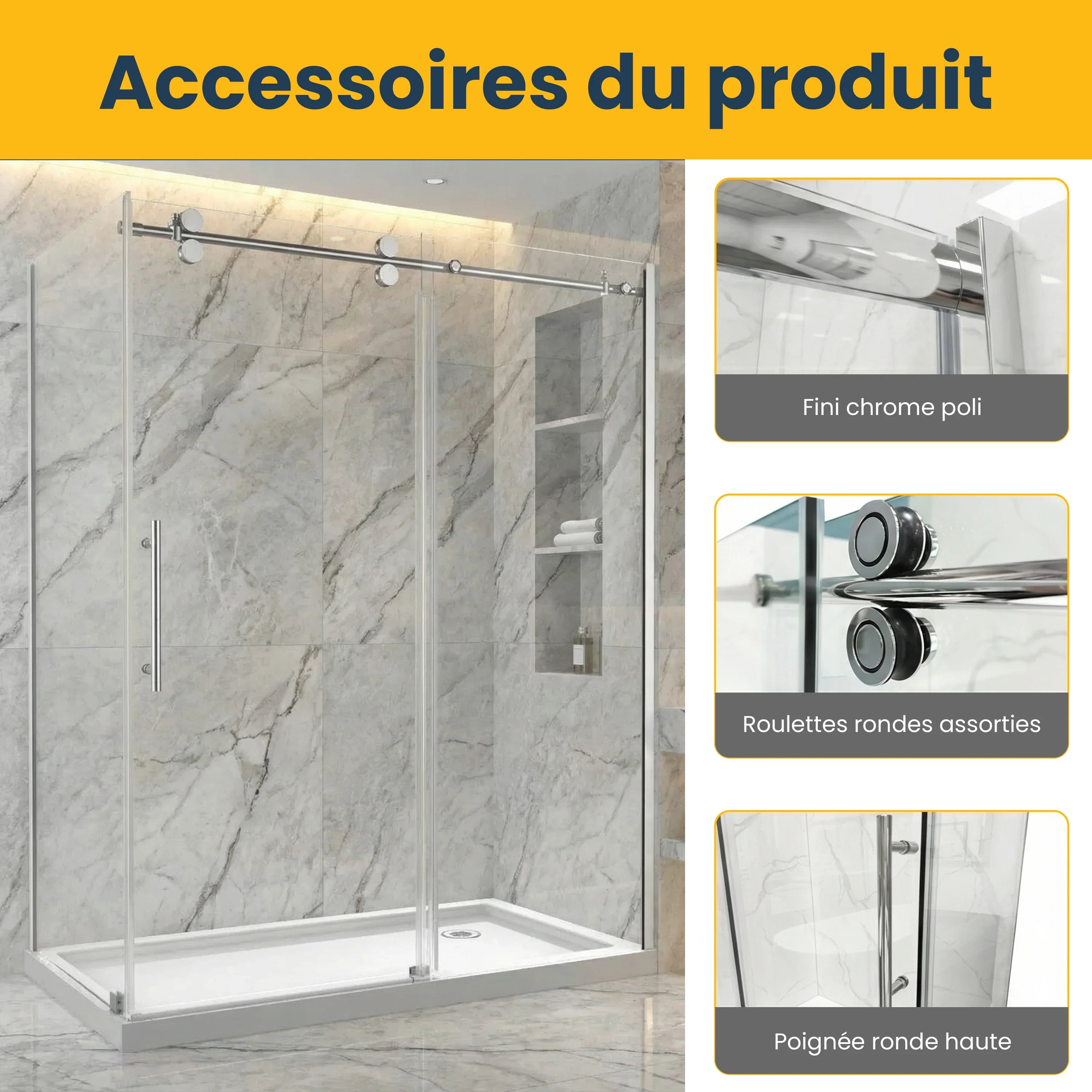 60" x 36" x 75" Reversible Sliding Shower Door with Round Chrome Hardware – 10mm Tempered Glass