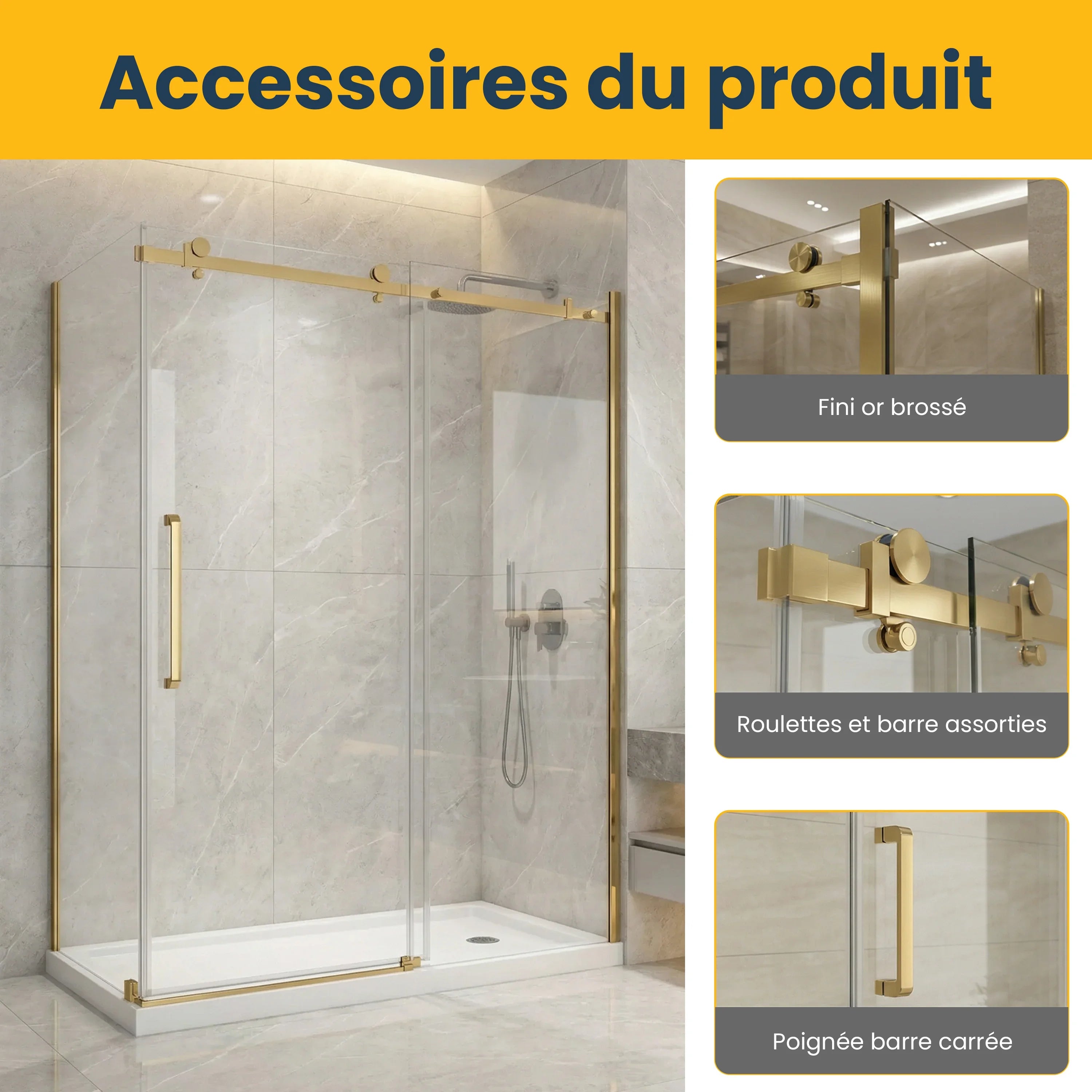 Porte de douche coulissante 60po x 32po x 75po en or brossé avec panneau latéral 32po