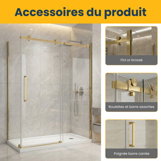 Porte de douche coulissante réversible de 60 po x 32 po x 75 po x 10 mm, quincaillerie carrée en or brossé avec panneau latéral de 32 po sans base