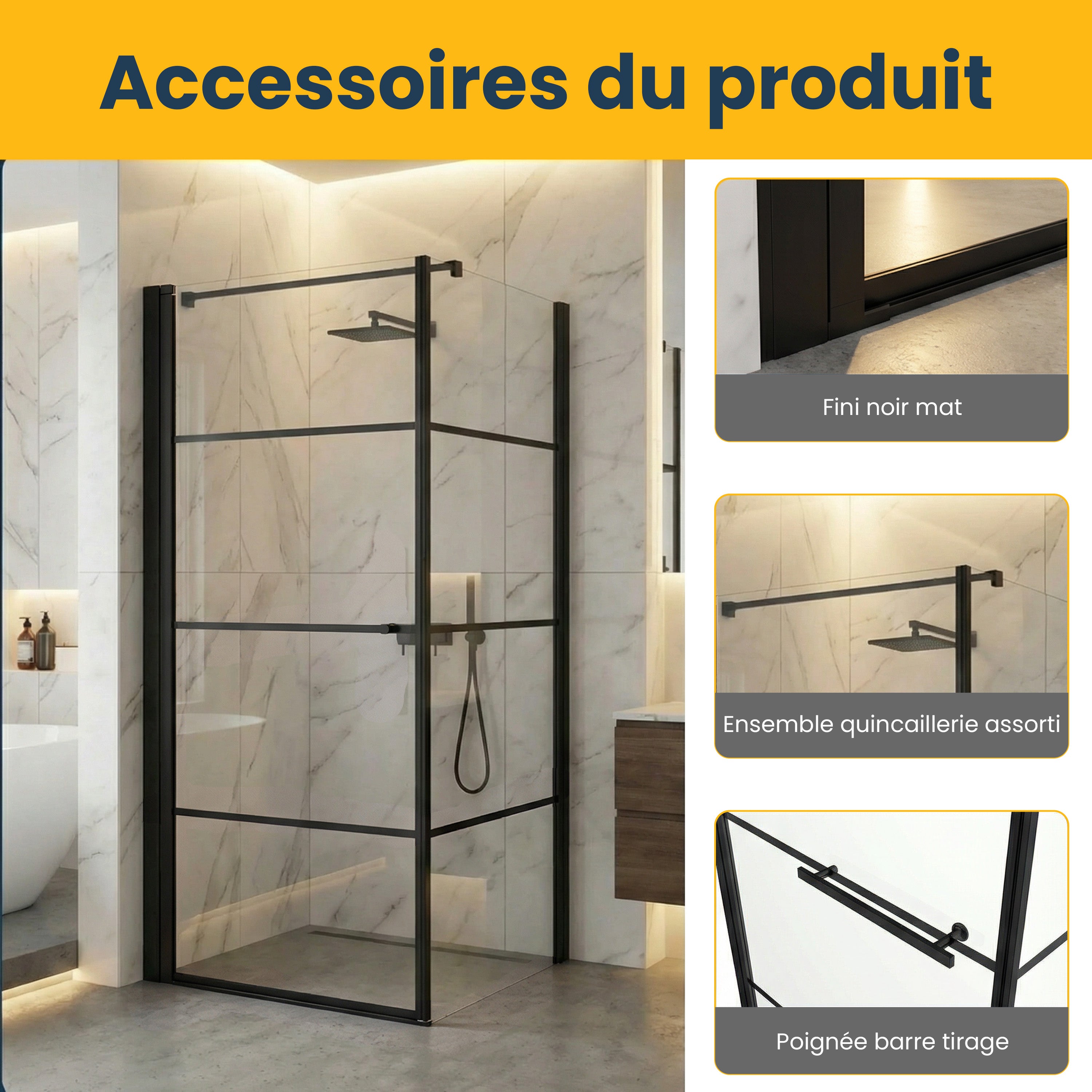 Cabine de Douche Coin 36po x 36po Noir Mat avec Porte Pivotante
