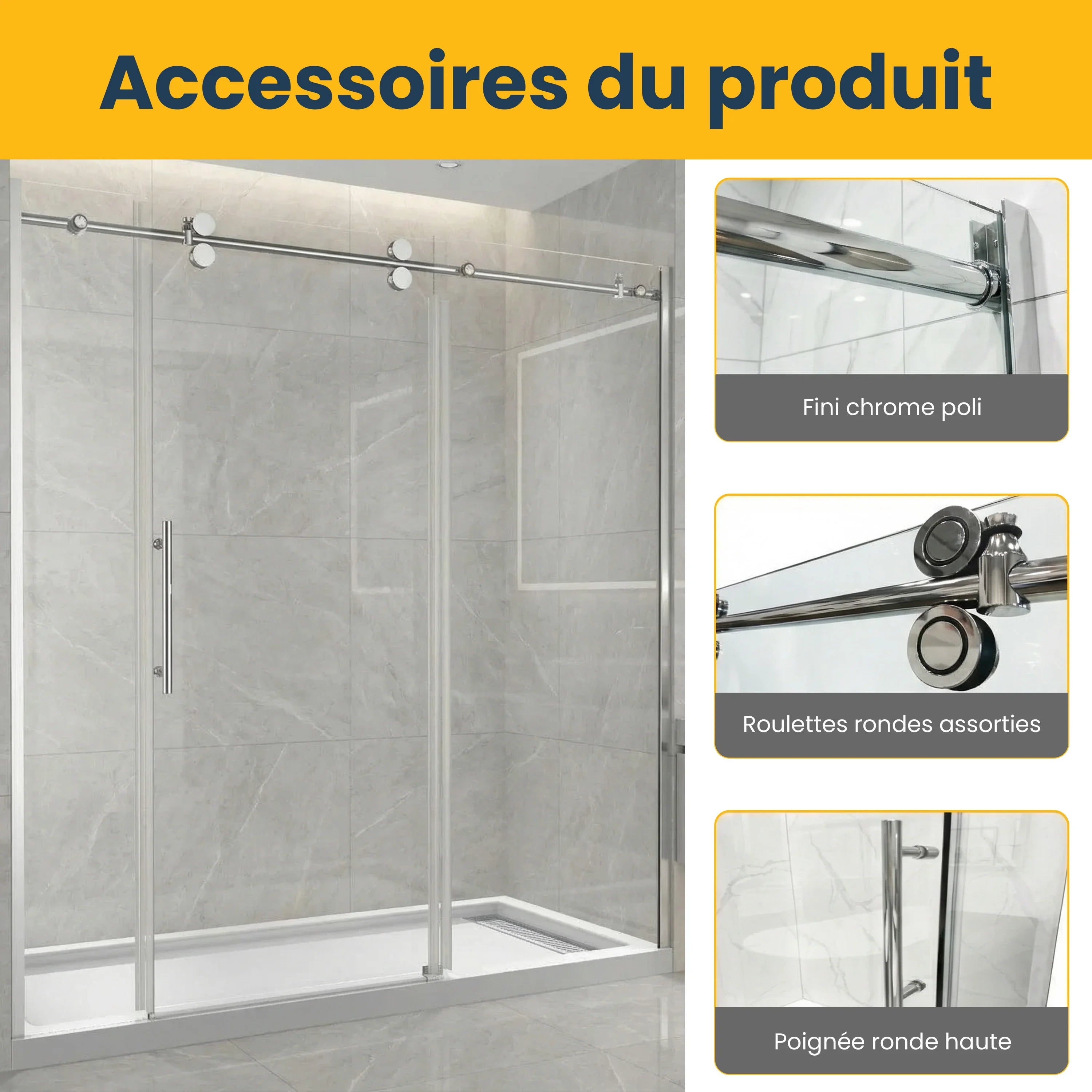 72" x 75" Alcove Reversible Sliding Shower Door with Round Chrome Hardware - 10mm Tempered Glass