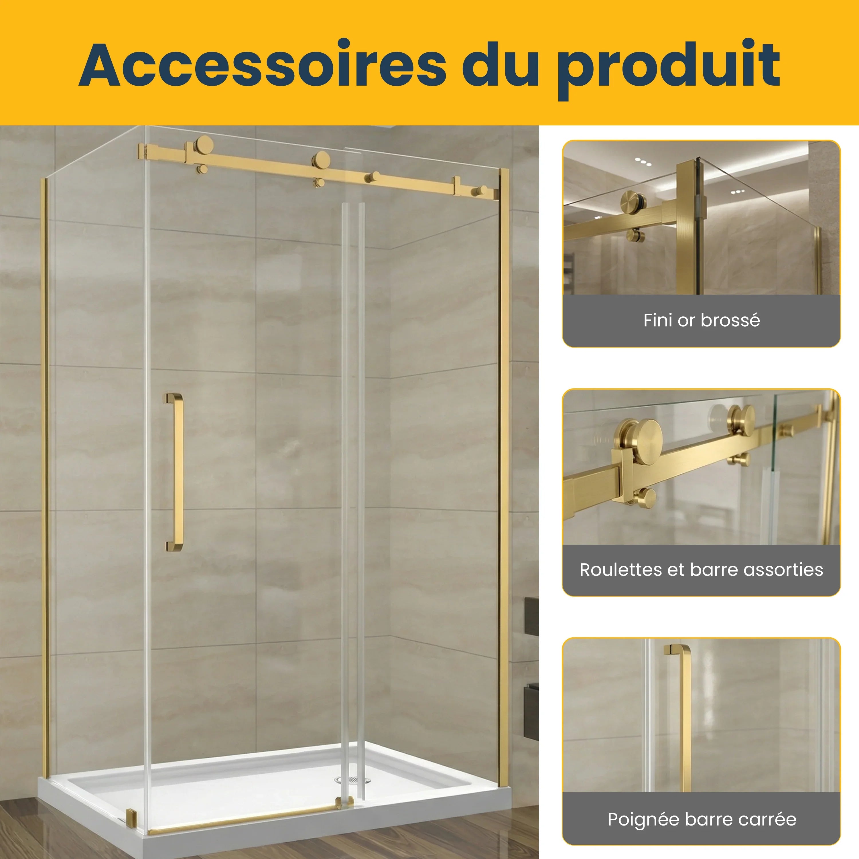48" x 36" Brushed Gold Reversible Sliding Shower Door with 10mm Tempered Glass