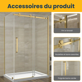 Porte de douche coulissante réversible 48" x 36" x 75" x 10mm avec design carré, quincaillerie en or brossé et panneau latéral 36"